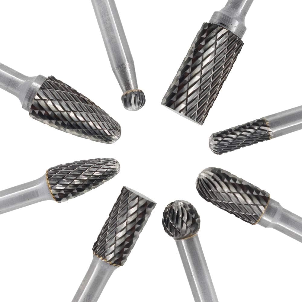 JESTUOUS 8-Piece Carbide Burr Set - 1/4 Inch Shank Double Cut Rotary Files for Metal Grinding, Polishing & Carving - Professional Die Grinder Drill Bits Kit for Metalworking, Woodworking & DIY Projects