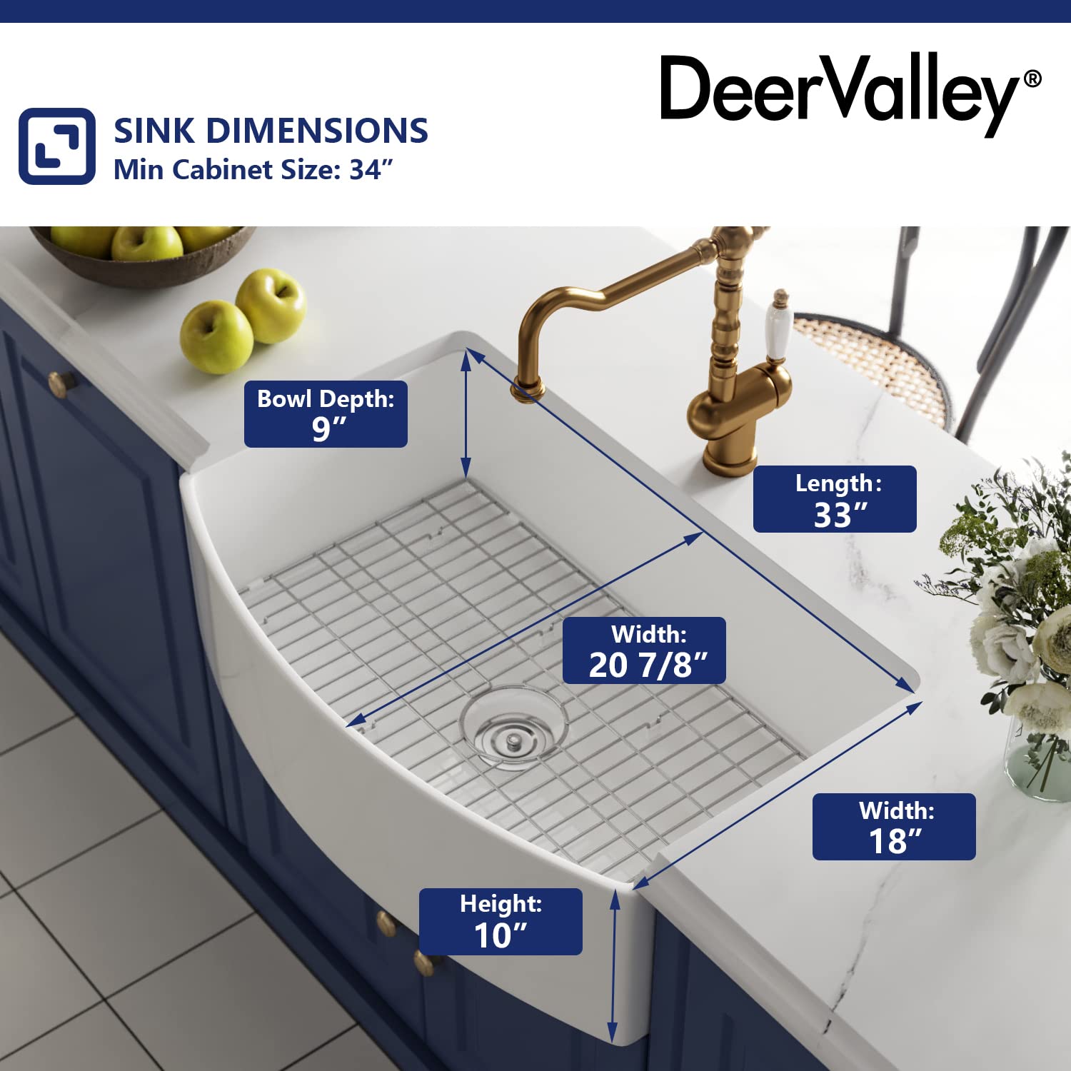 DeerValley 33'' White Farmhouse Apron Kitchen Sink - Fireclay Single Bowl with Arch Edge, Bottom Grid & Strainer | Perfect for Rustic & Modern Farmhouse Kitchens (Model DV-1K516)