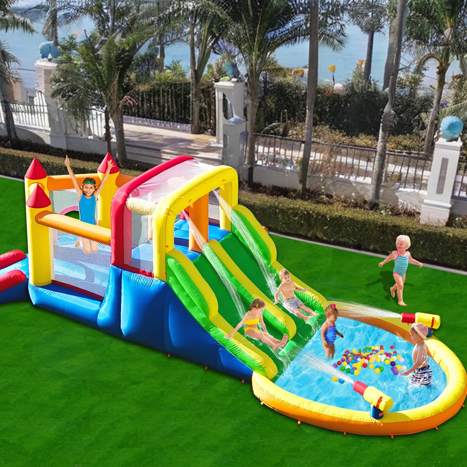 Inflatable Bounce House with 4 Slides & Large Splash Pool - Kids Water Park with Ultra-Wide Climbing Wall, Jumping Area, Water Cannons & Surprise Sprayers for Ages 3-10 (20.6'L x 9.6'W x 6.4'H) - Perfect for Backyard Birthday Parties, Summer Fun & Outdoor Family Activities