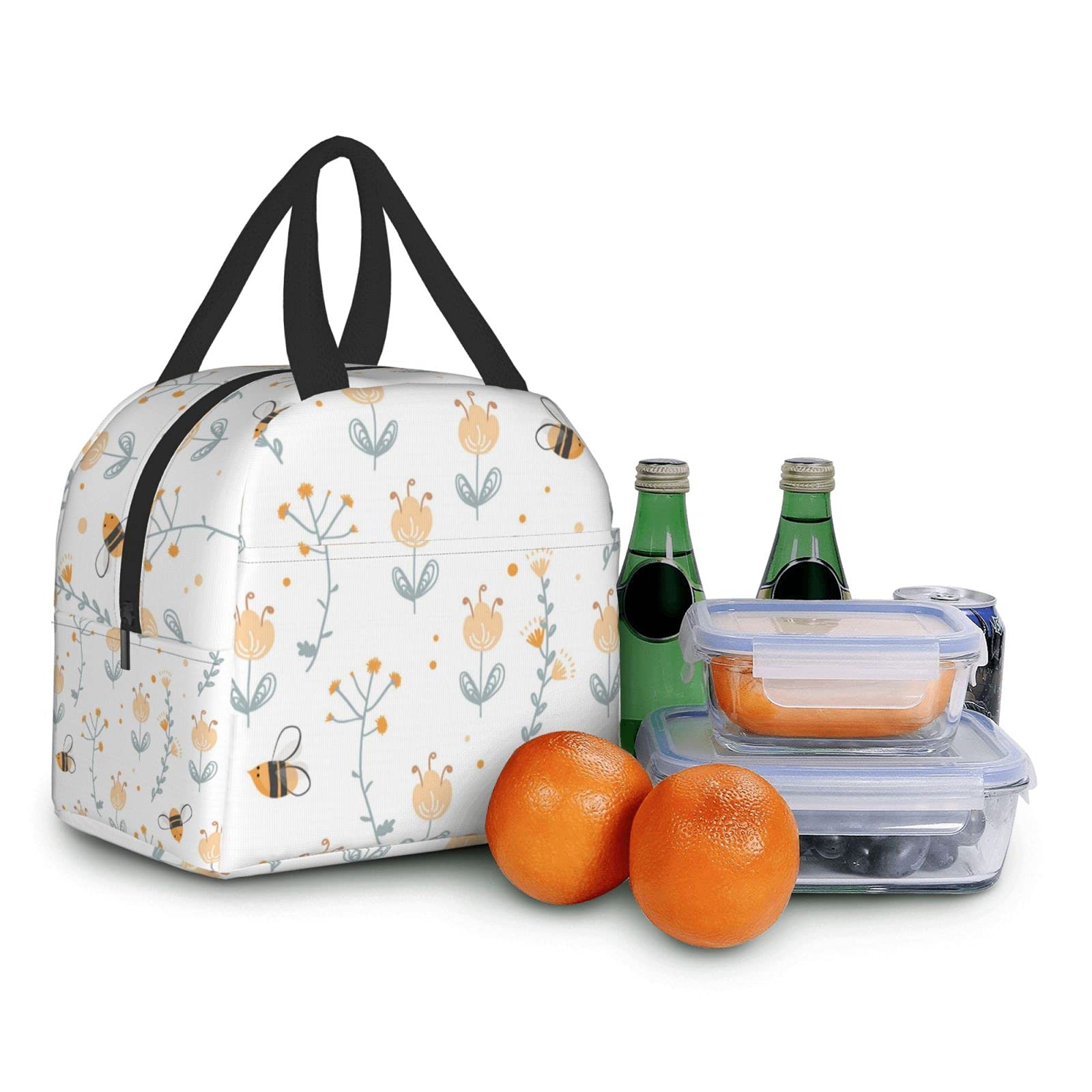 Insulated Reusable Lunch Bag with Front Pocket - Leakproof Cooler Tote for Women & Men - Perfect for Office, Work, Picnic & Outdoor Activities - Cute Bee Design