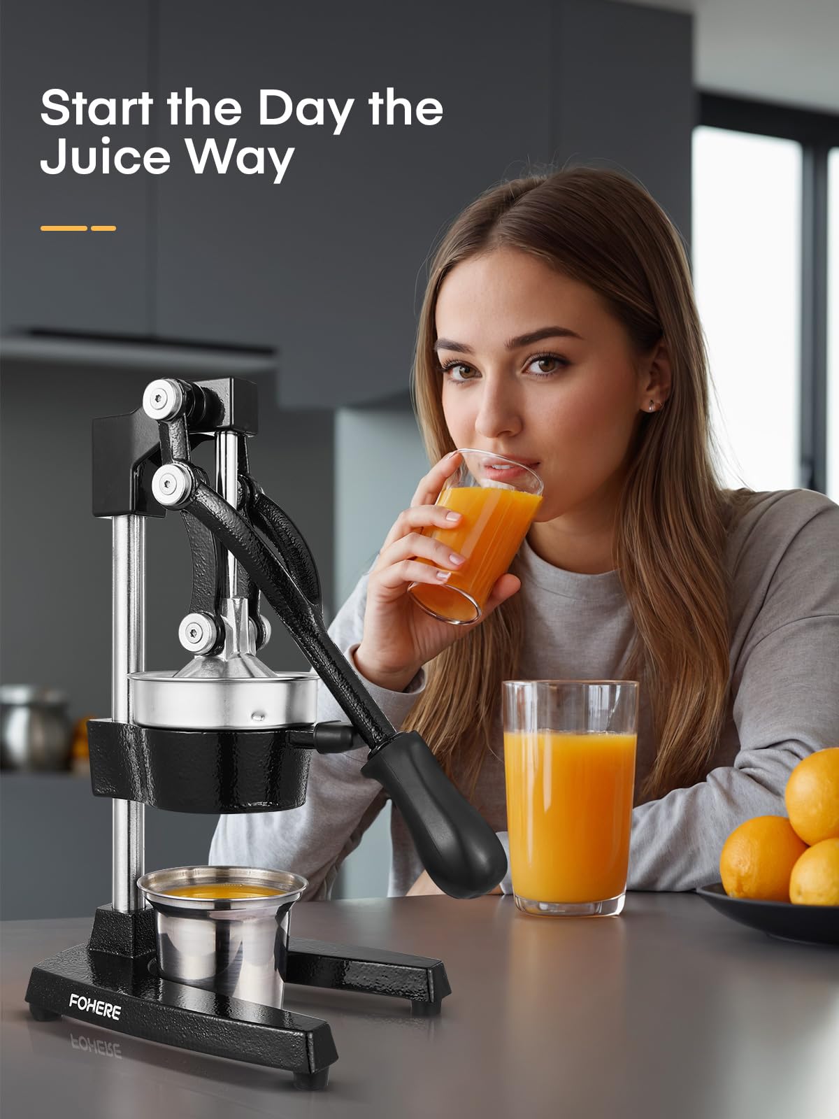 FOHERE Heavy Duty Cast Iron Citrus Juicer - Manual Orange, Lemon, Pomegranate & Grapefruit Press with Stainless Steel Cup - Easy Clean Commercial Grade Fruit Squeezer for Bars, Restaurants & Home Kitchen Use
