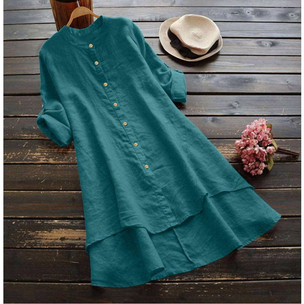 Women's Linen 3/4 Sleeve Button-Up Dress - Solid Color Flowy Cotton Tunic Top for Summer 2024 | Casual Outfit, Beach Cover-Up & Boho Chic Style