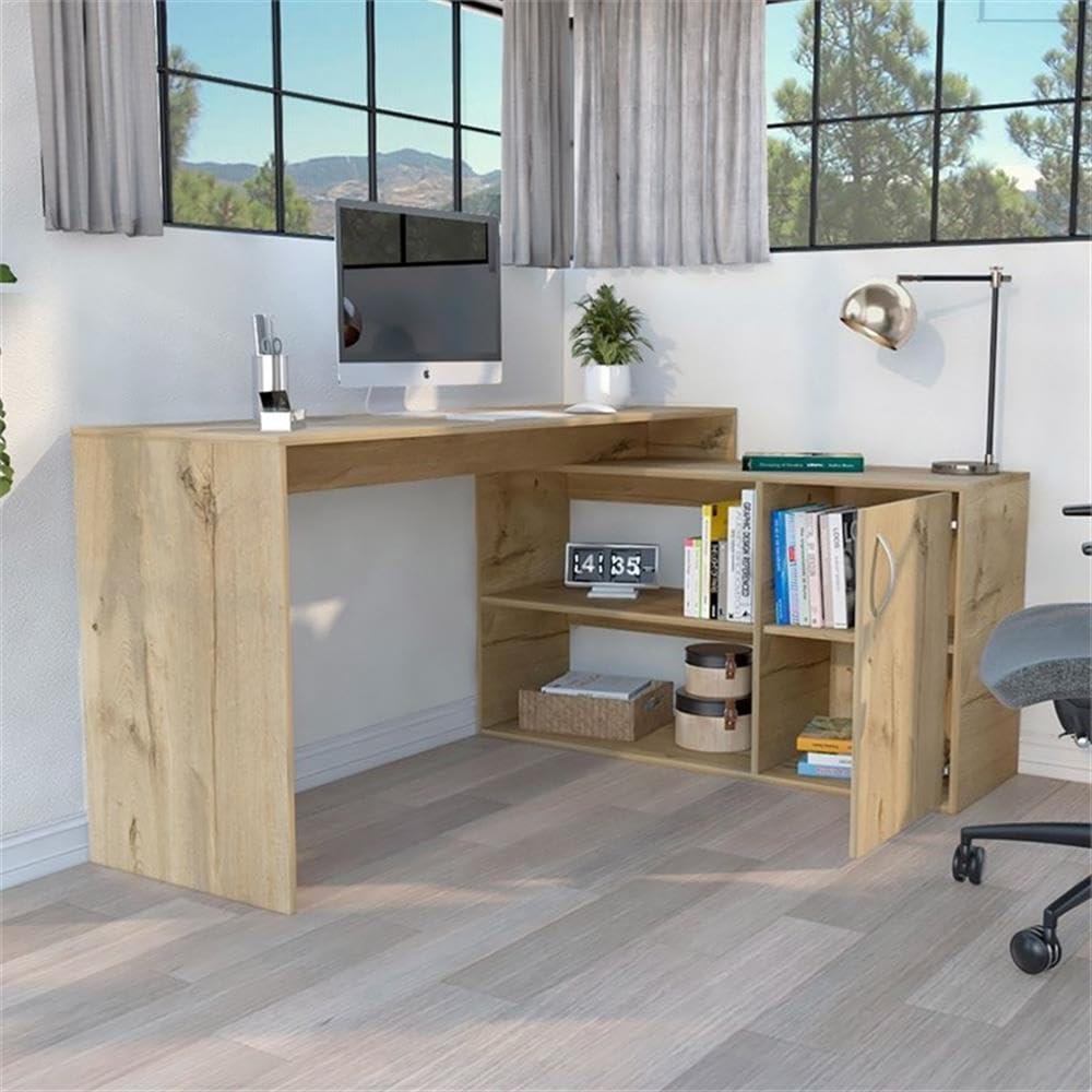 TUHOME Beige L-Shaped Desk - Engineered Wood for Home Office