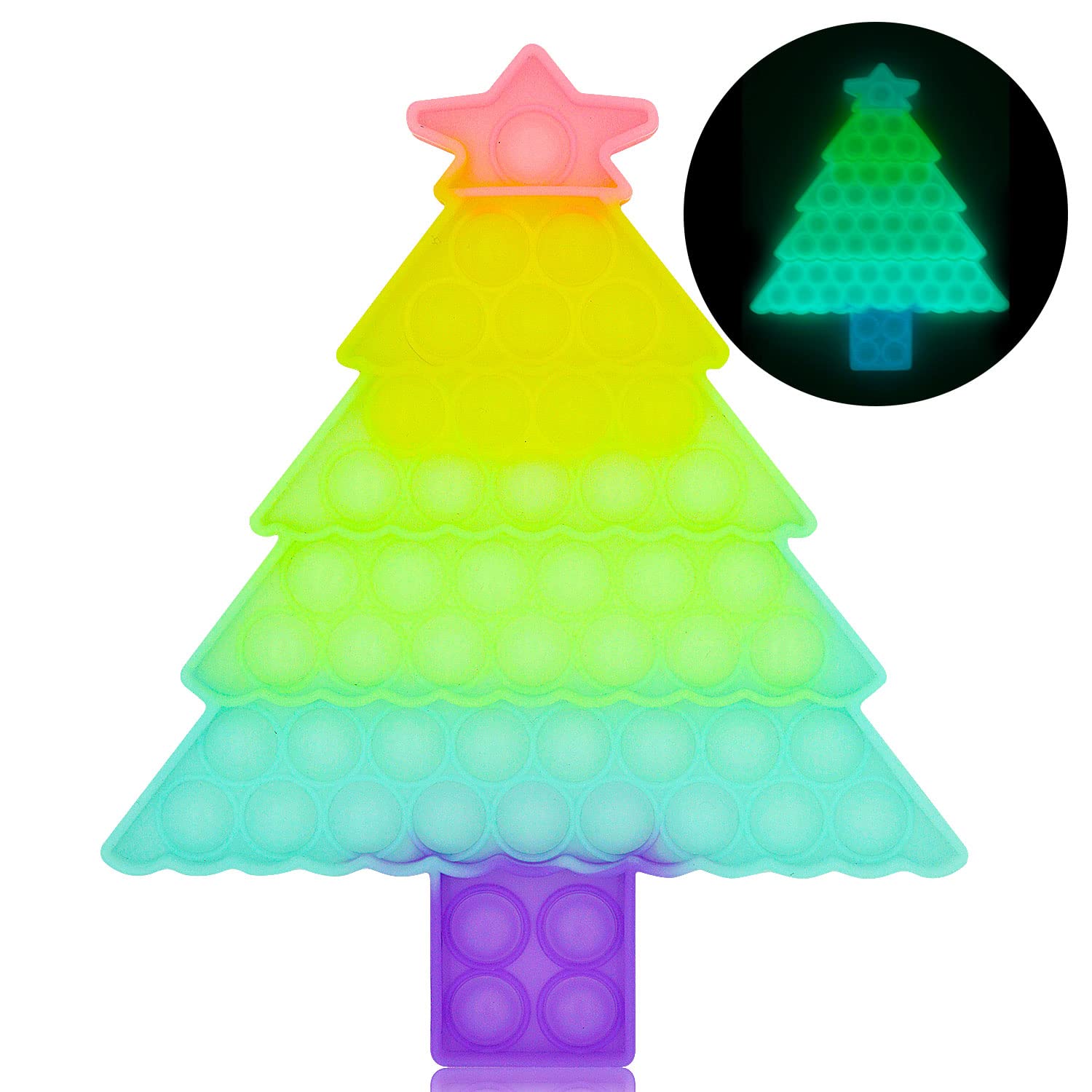 Glow in The Dark Christmas Tree Fidget Pop Toys - Big Size Push Bubble Sensory Silicone Popper for Kids, Stress Relief & Party Favors - Perfect for Birthday Party Decorations, Halloween, Easter Basket & Stocking Stuffers (Great for Anxiety Relief & Sensory Play)