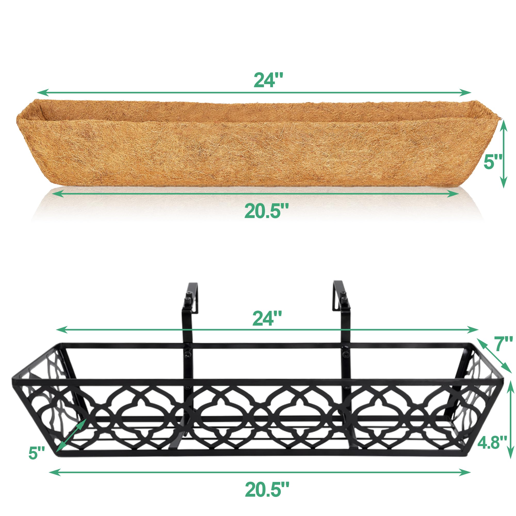2 Pack 24 Inch Metal Window Box Planter with Coconut Coir Liner - Hanging Flower Basket for Deck, Railing, Indoor & Outdoor Use - Perfect for Herbs, Flowers, and Home Gardening Decor