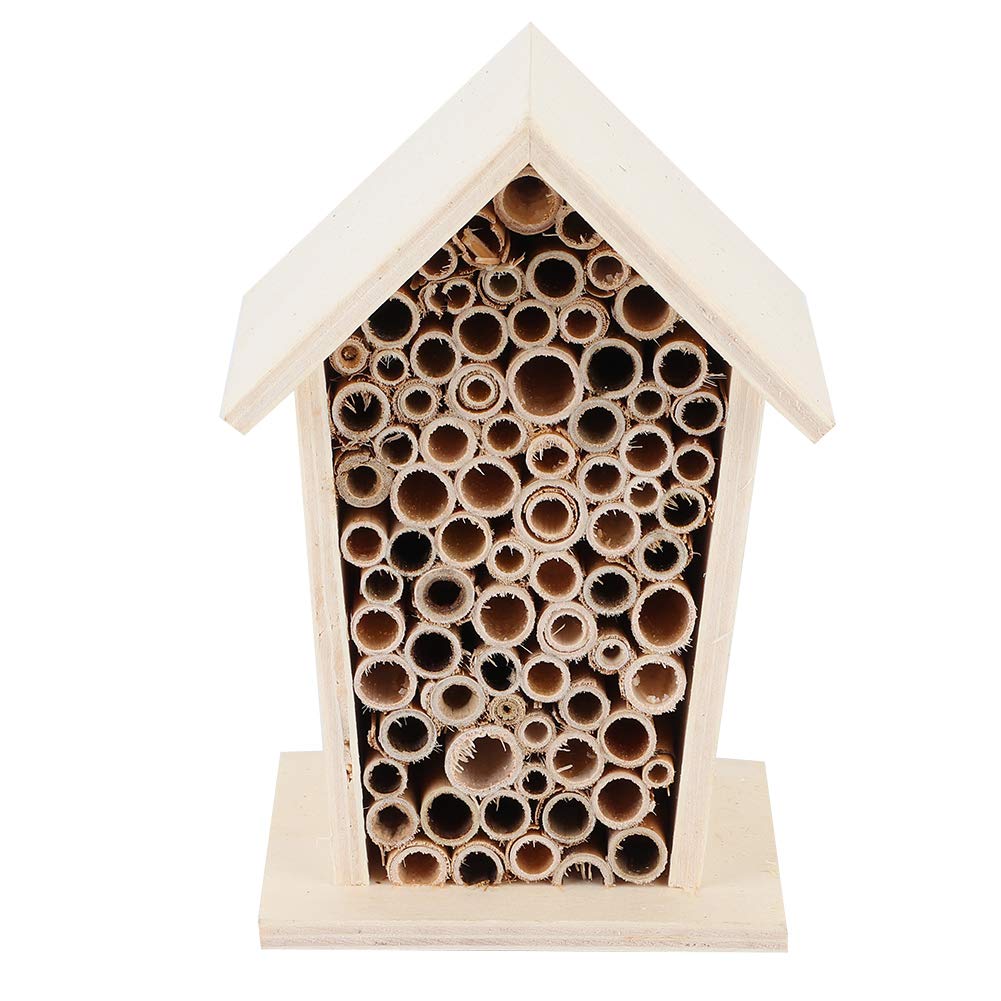 Wooden Bee House for Garden - Natural Wooden Insect Hotel with Tubular Channels, Outdoor Balcony & Patio Decoration - Attracts Pollinators for Eco-Friendly Gardening
