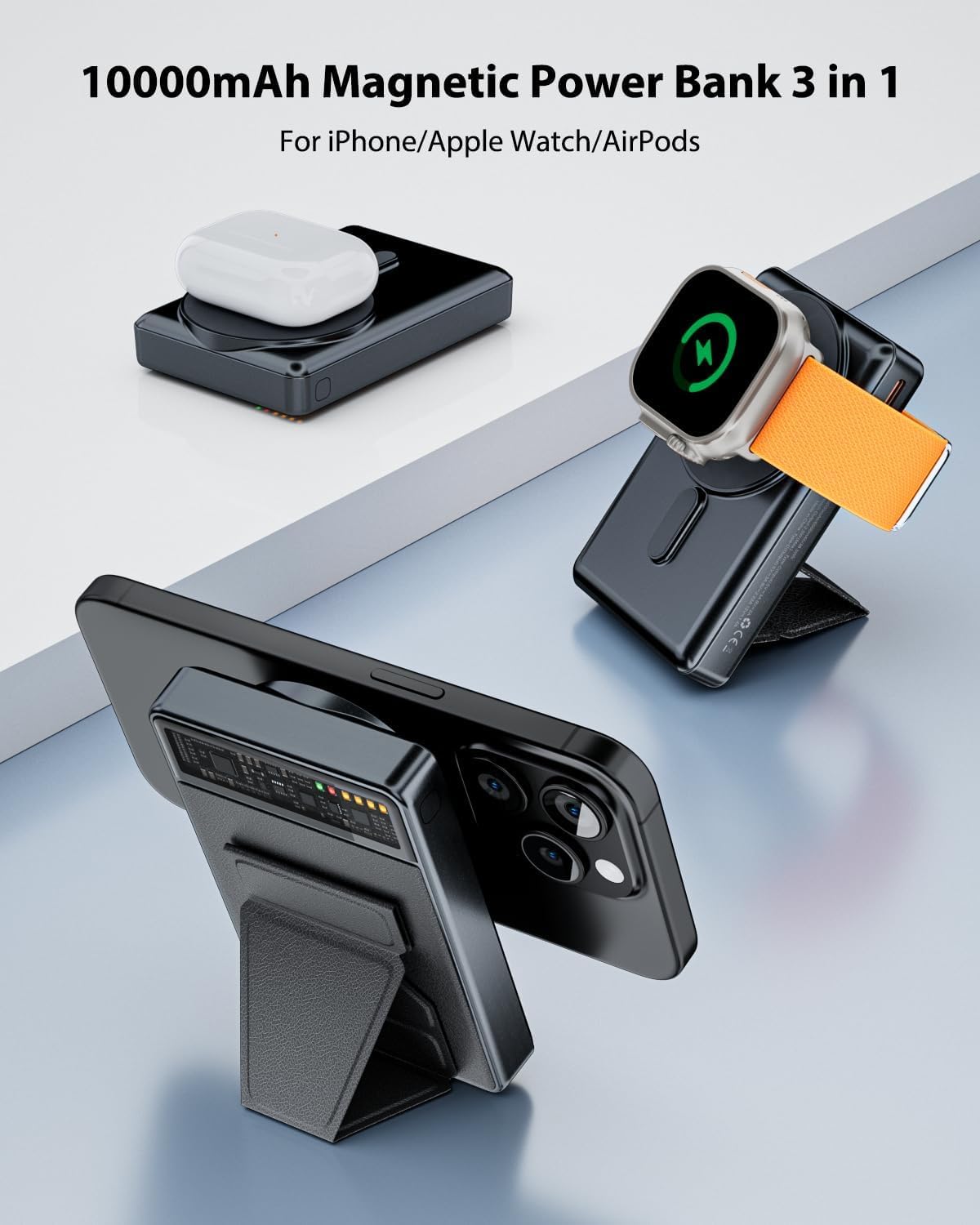 KPON 10000mAh MagSafe Power Bank - Fast Magnetic Wireless Charger with Foldable Stand | Portable Battery Pack for iPhone 16/15/14/13/12 Series & Apple Watch | Perfect for Travel, Work & Outdoor Adventures
