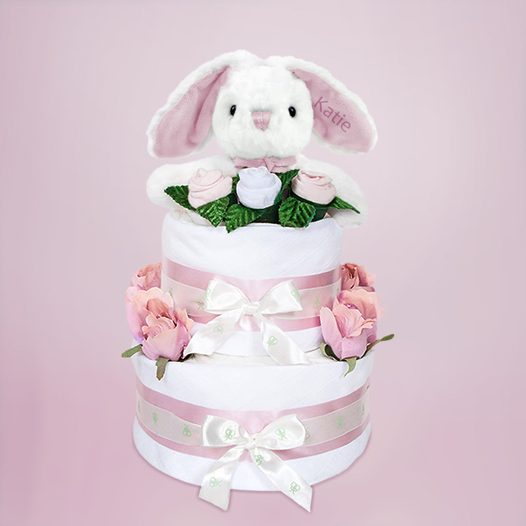 Personalized Little Pink Bunny Two-Tier Diaper Cake - Perfect for Baby Showers, Newborn Gifts & Gender Reveal Parties