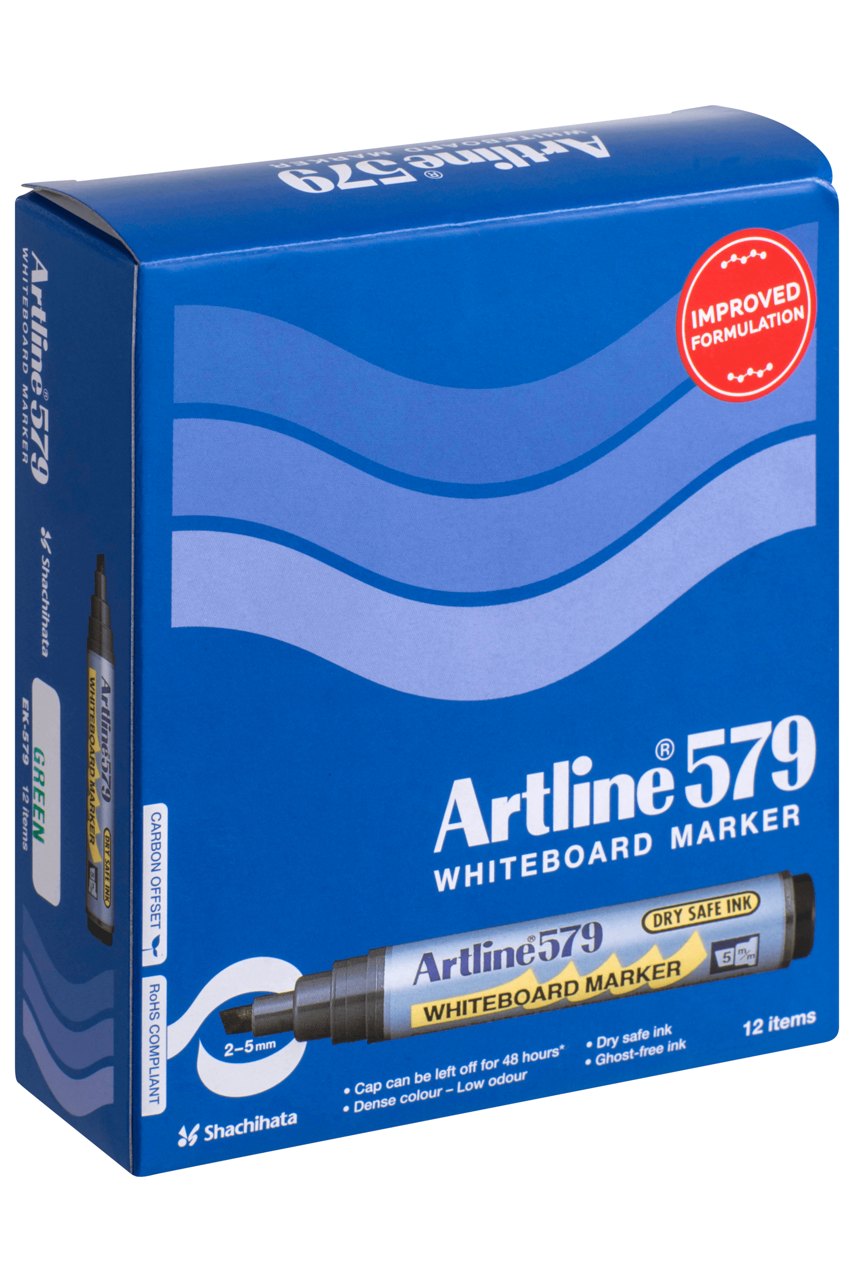 Artline 579 Whiteboard Marker Set - 12 Pack, 5mm Chisel Tip, Green - Ideal for Office, Classroom & Home Use