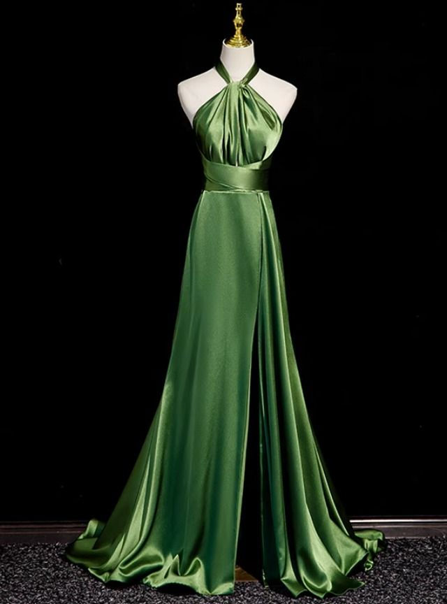 Elegant A-Line Green Satin Halter Backless Prom Dress J5356 - Perfect for Homecoming, Formal Dances & Special Occasions