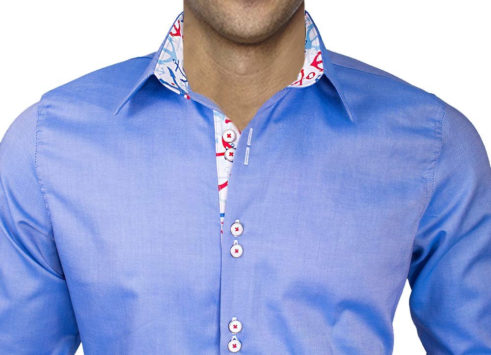 Premium Blue Oxford Dress Shirts with Anchor Print - 100% Cotton Men's Formal Shirt Made in USA - Perfect for Business Meetings, Weddings & Office Wear