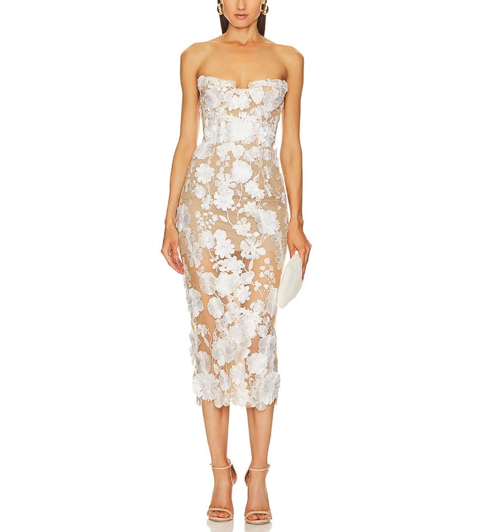 Sexy Floral Lace Mesh Bodycon Dress for Women - Elegant Wedding Guest & Party Tube Dress, Summer Beach Vacation Midi Dress, See-Through Tight Fit (White, XS-L) | Perfect for Cocktail Parties, Date Nights & Beach Getaways