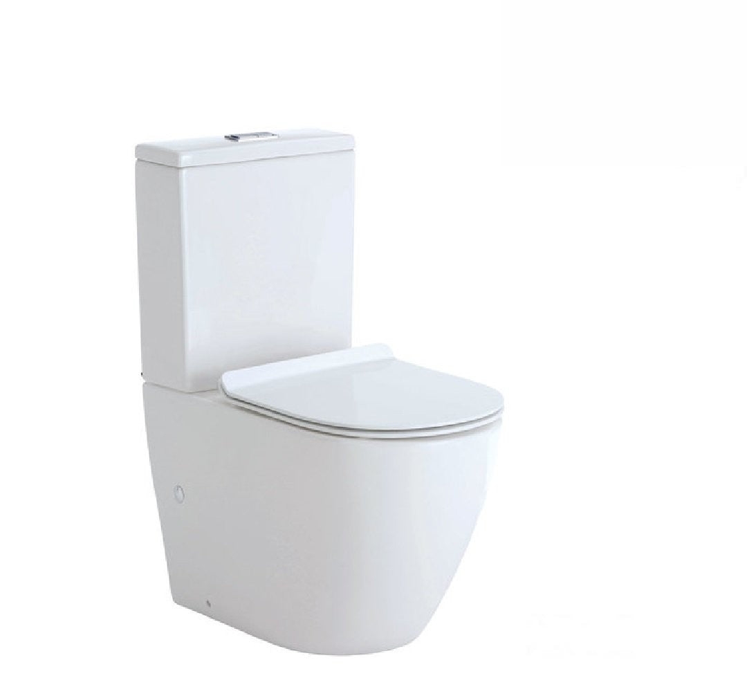 Fienza K002B 2 Koko Rimless Thin Seat S Trap 160 230mm Back to Wall Toilet in White with Chrome Buttons - Modern Water-Saving Bathroom Solution for Small Spaces