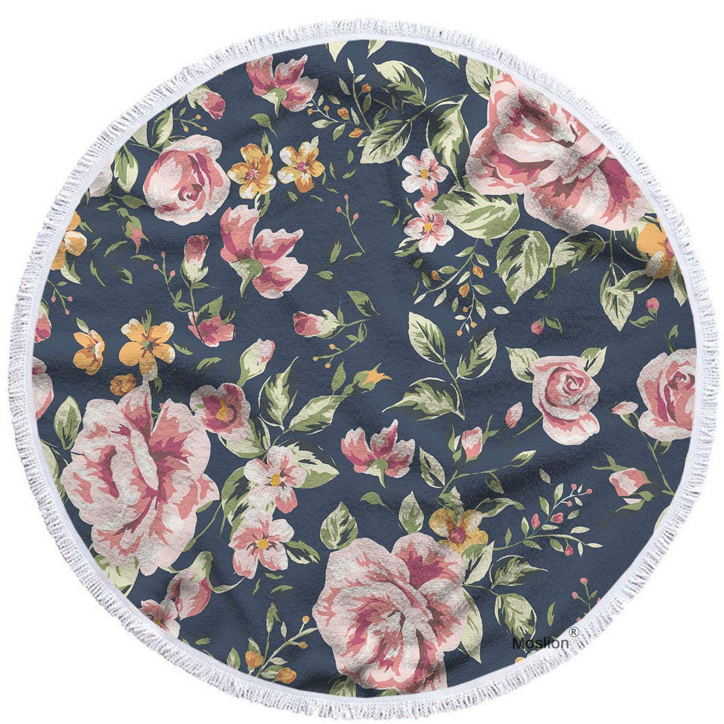 Moslion Vintage Floral Round Beach Towel - 63 Inch Oversized Soft Polyester-Microfiber - Summer Rose Bouquet Design for Pool, Picnic & Valentine's Day Gift