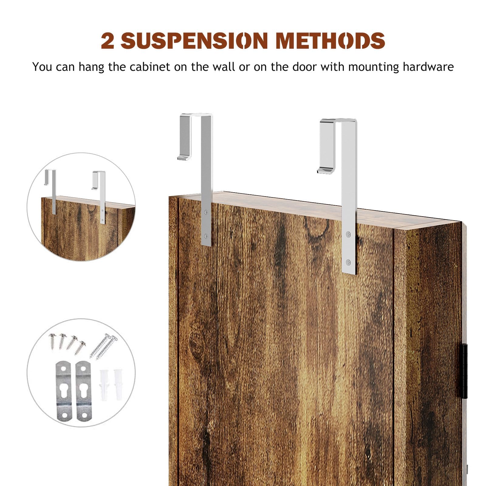 SDHYL LED Mirror Jewelry Cabinet - Full Length Wooden Storage Organizer with Lock, Wall or Door Mounted - Rustic Brown for Bedroom, Closet & Dressing Room