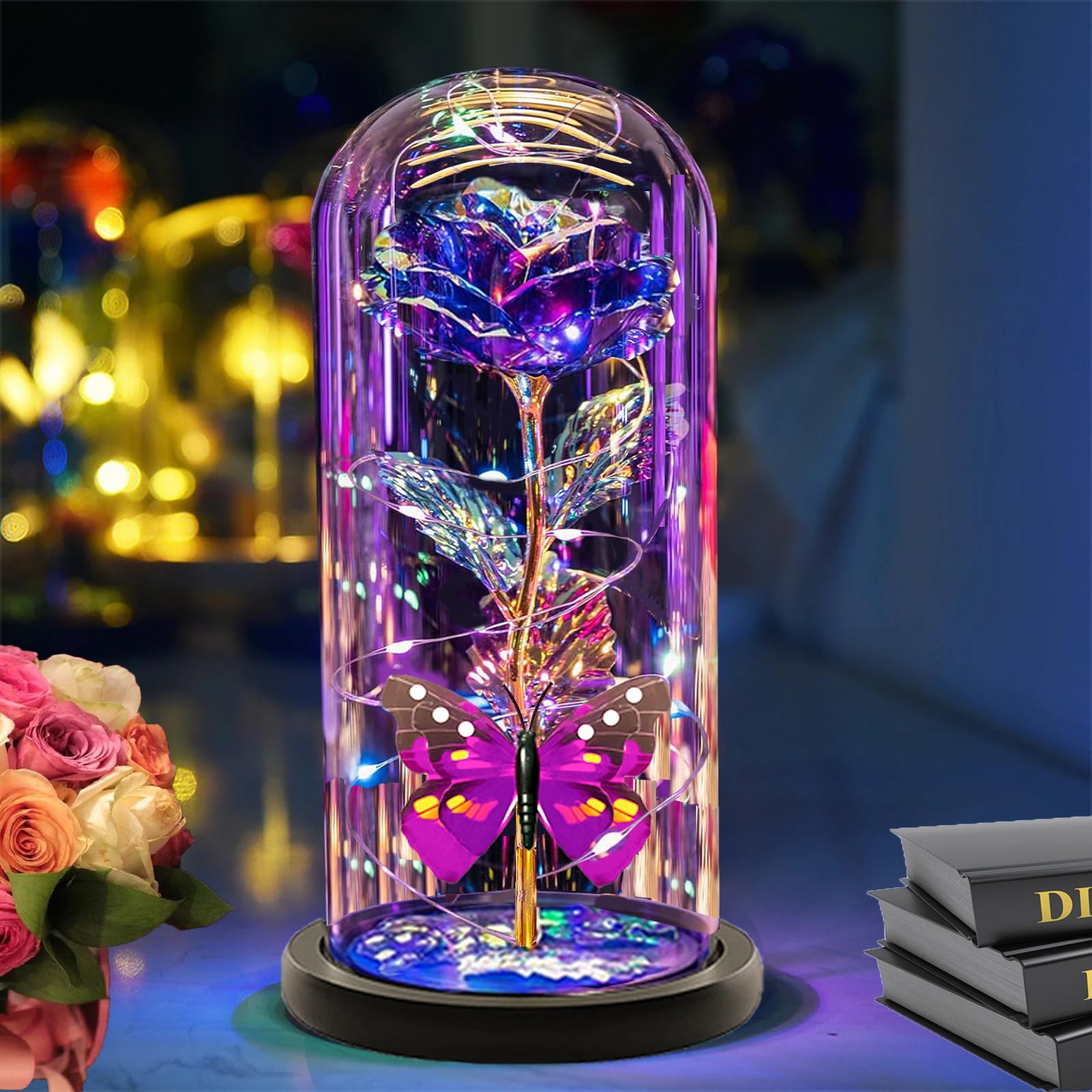 Galaxy Crystal Light Up Purple Rose in Glass Dome - Elegant Birthday Gift for Her, Mom, Grandma, Sister, Wife & Girlfriend | Romantic Home Decor, Anniversary Present & Special Occasion Gift Idea