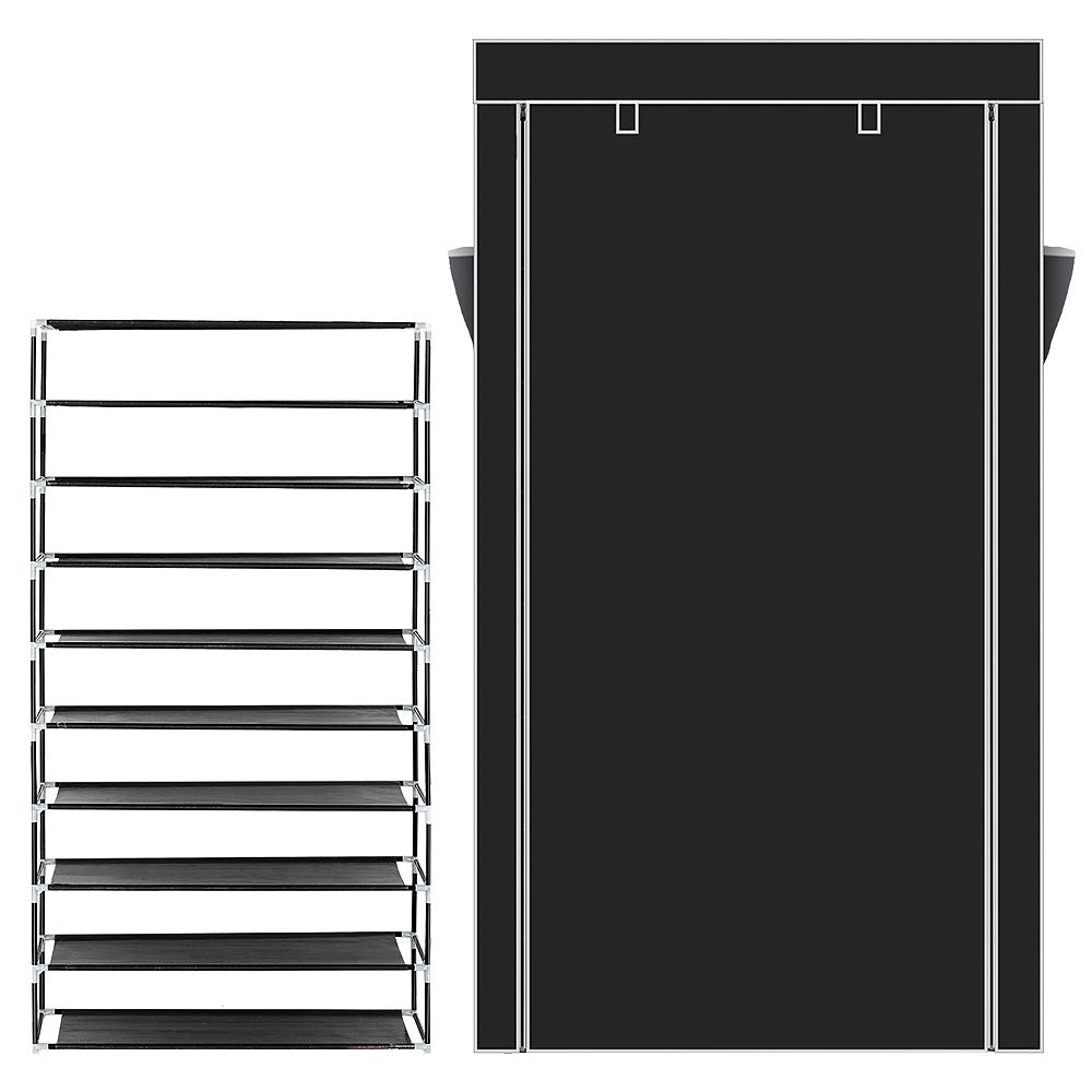 10-Tier Shoe Rack Organizer - Large Space-Saving Shoe Storage Cabinet with Dustproof Cover, Non-Woven Fabric Stackable Shelf with Pockets & Zipper - Perfect for Closet, Entryway, Bedroom (Black)