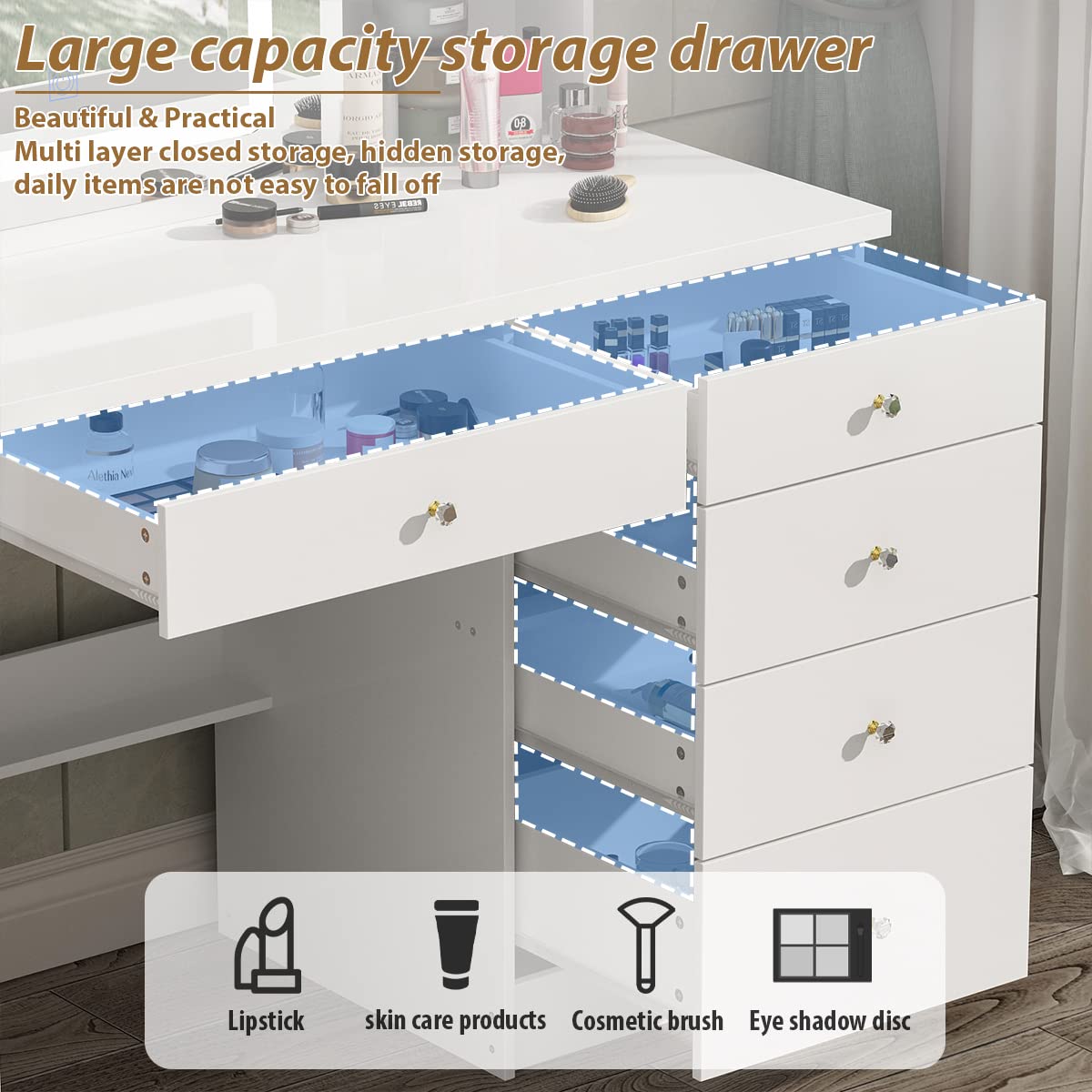 Large White Vanity Table Set with Lighted Mirror, 5 Drawers & Shelves - Makeup Dressing Desk with Cushioned Stool for Bedroom, Bathroom or Dorm Room Organization