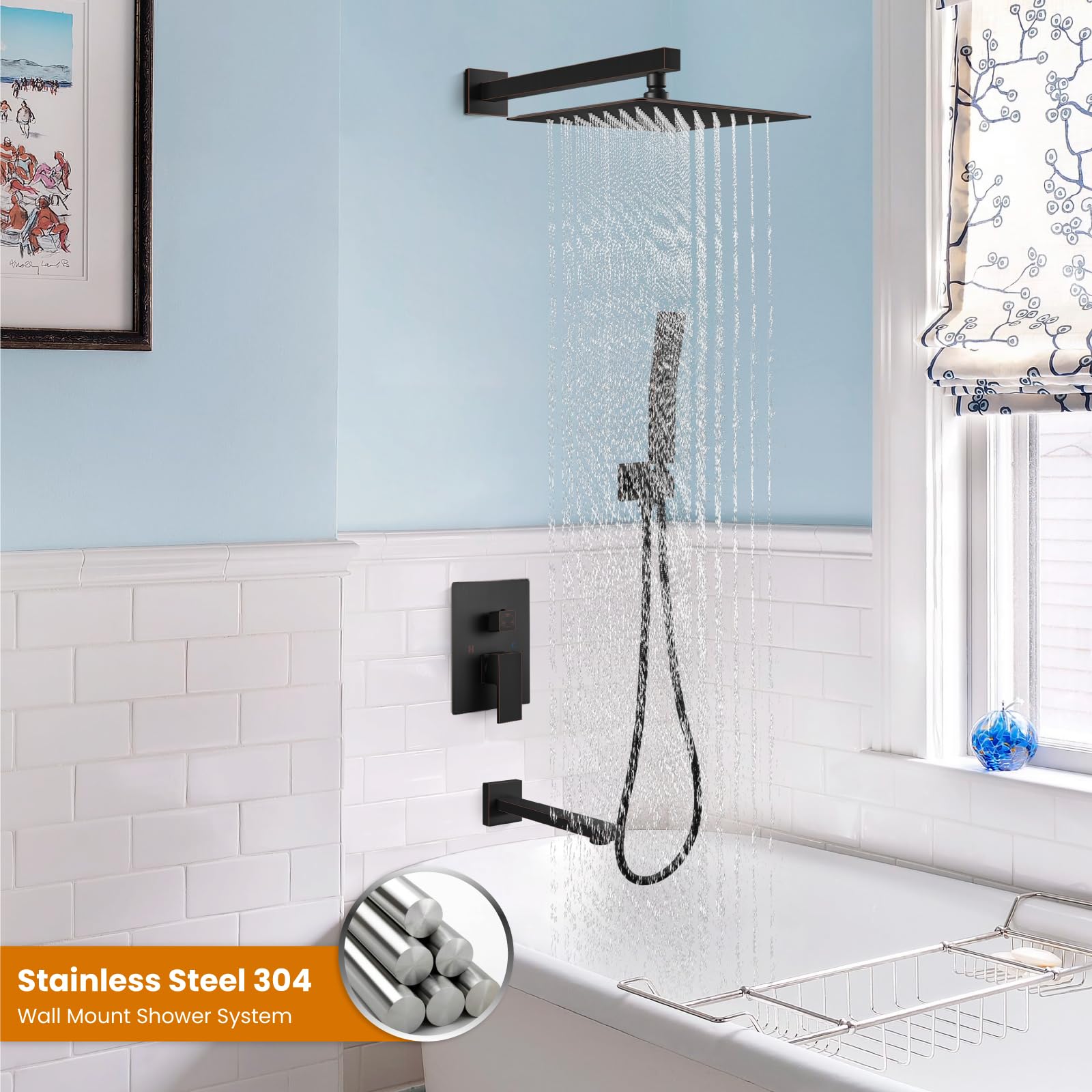 Gotonovo 3-Function Wall Mount Shower System Set with Rainfall Shower Head, Handheld Spray, and Tub Spout - Oil Rubbed Bronze Finish for Bathroom Renovation and Luxury Spa Experience