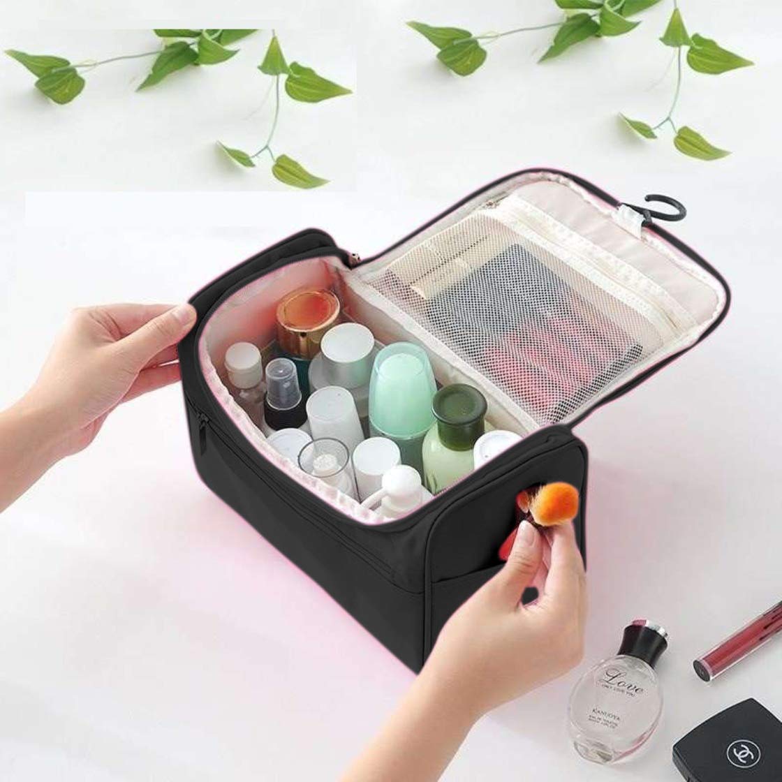 GOCART with G Logo Black Polyester Travel Organizer - Portable Hanging Cosmetic & Makeup Pouch for Toiletries, Jewelry, and Essentials | Perfect for Travel, Gym, and Daily Use