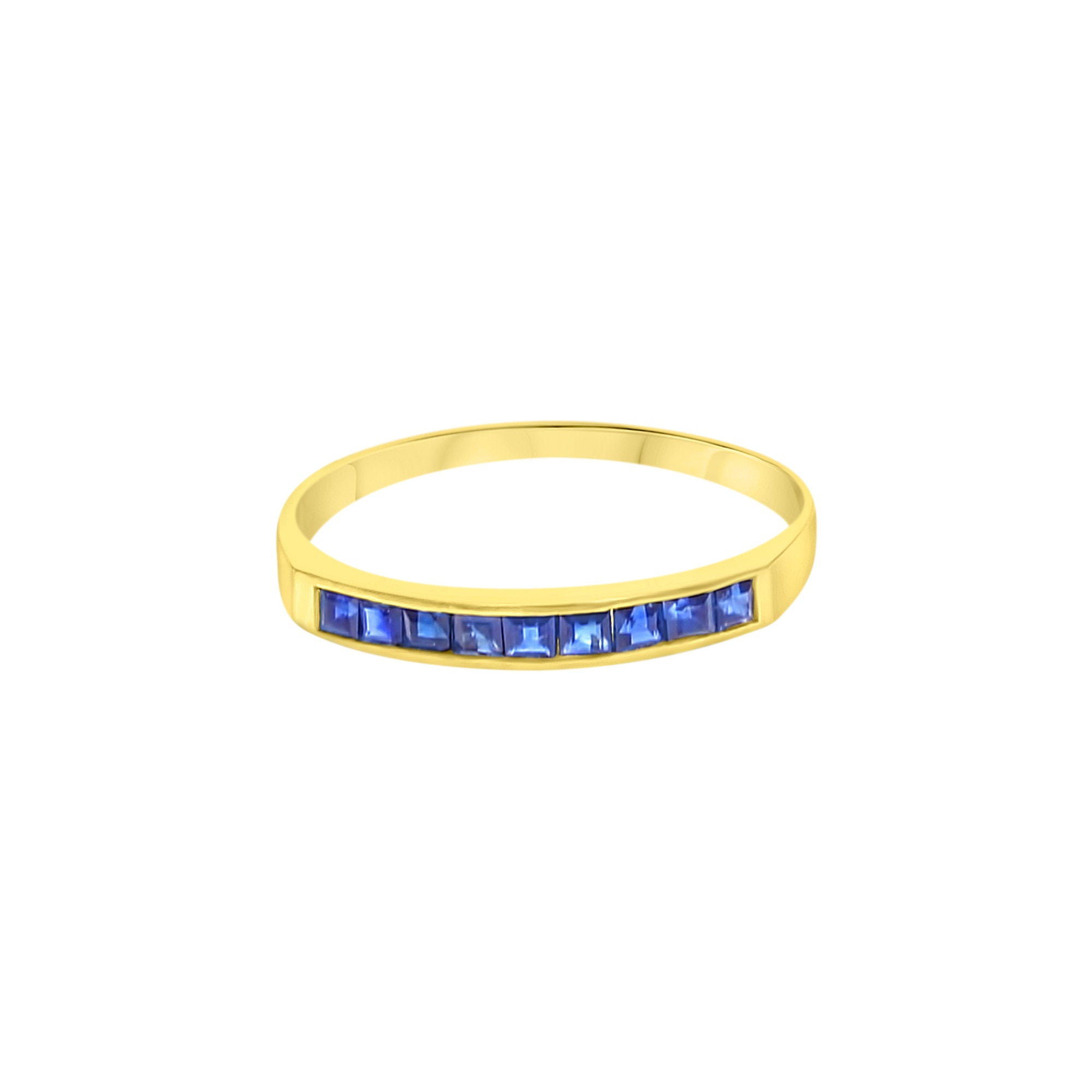 14K Yellow Gold Square Cut Sapphire Band Ring - Elegant Jewelry for Women, Perfect for Weddings, Anniversaries & Special Occasions