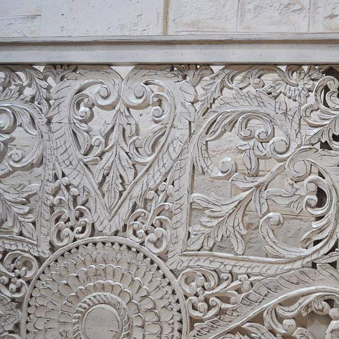 Hand Carved Solid Wood Indian Kerri Bed Frame in White - Elegant & Durable Bedroom Furniture for Master Suite or Guest Room