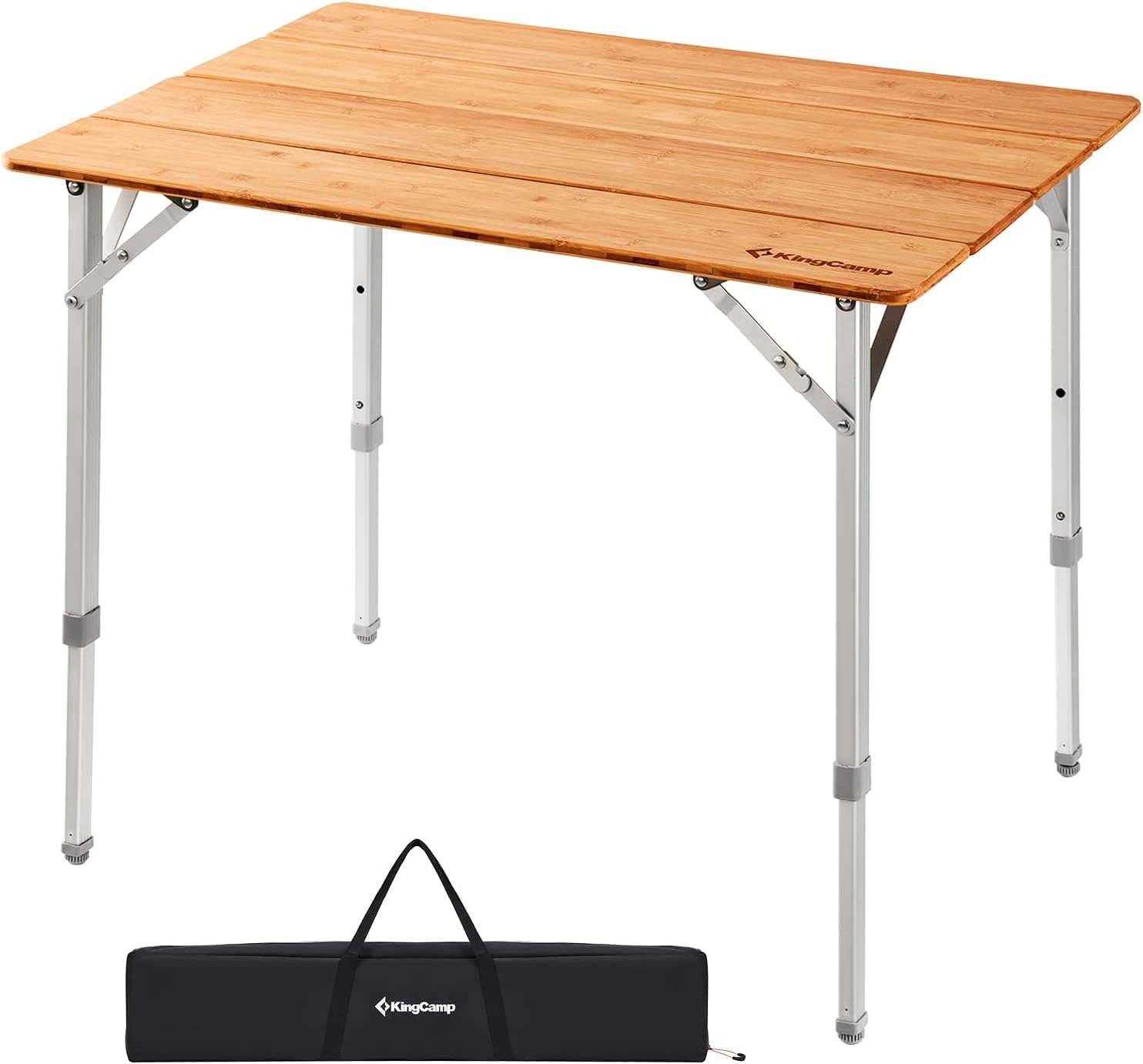 KingCamp Adjustable Height Bamboo Camping Table - Heavy Duty 4-Fold Portable Folding Table with Aluminum Legs (176lbs Capacity) - Perfect for Outdoor Camping, Picnics, RV Trips & Family Gatherings (4-5 People)