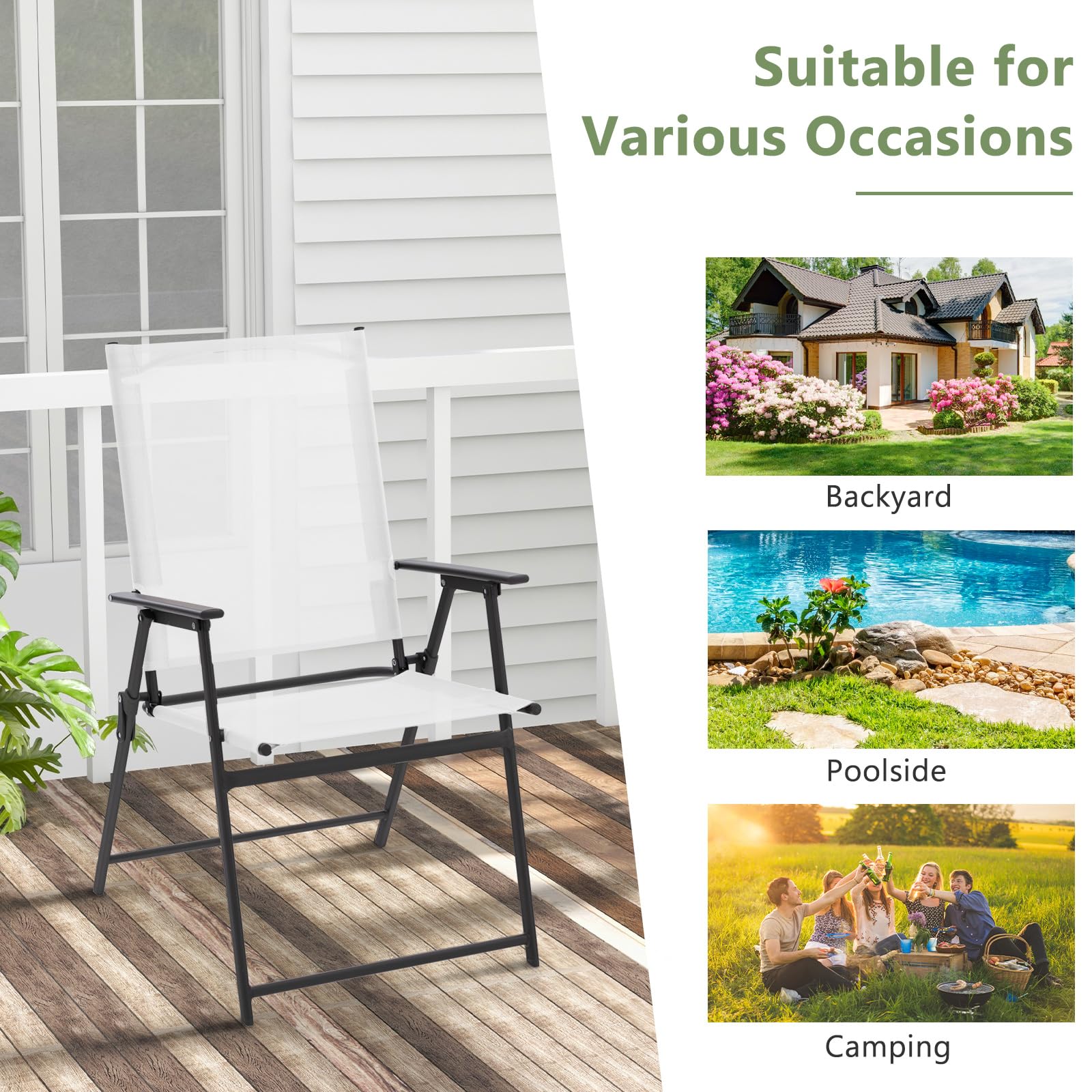 Giantex 4-Pack Folding Patio Chairs - Rustproof Metal Frame Outdoor Lawn Chairs for Porch, Deck, Garden, Backyard & Camping - Portable Dining Chairs (White) | Perfect for BBQs, Picnics, Poolside Relaxation & Outdoor Events