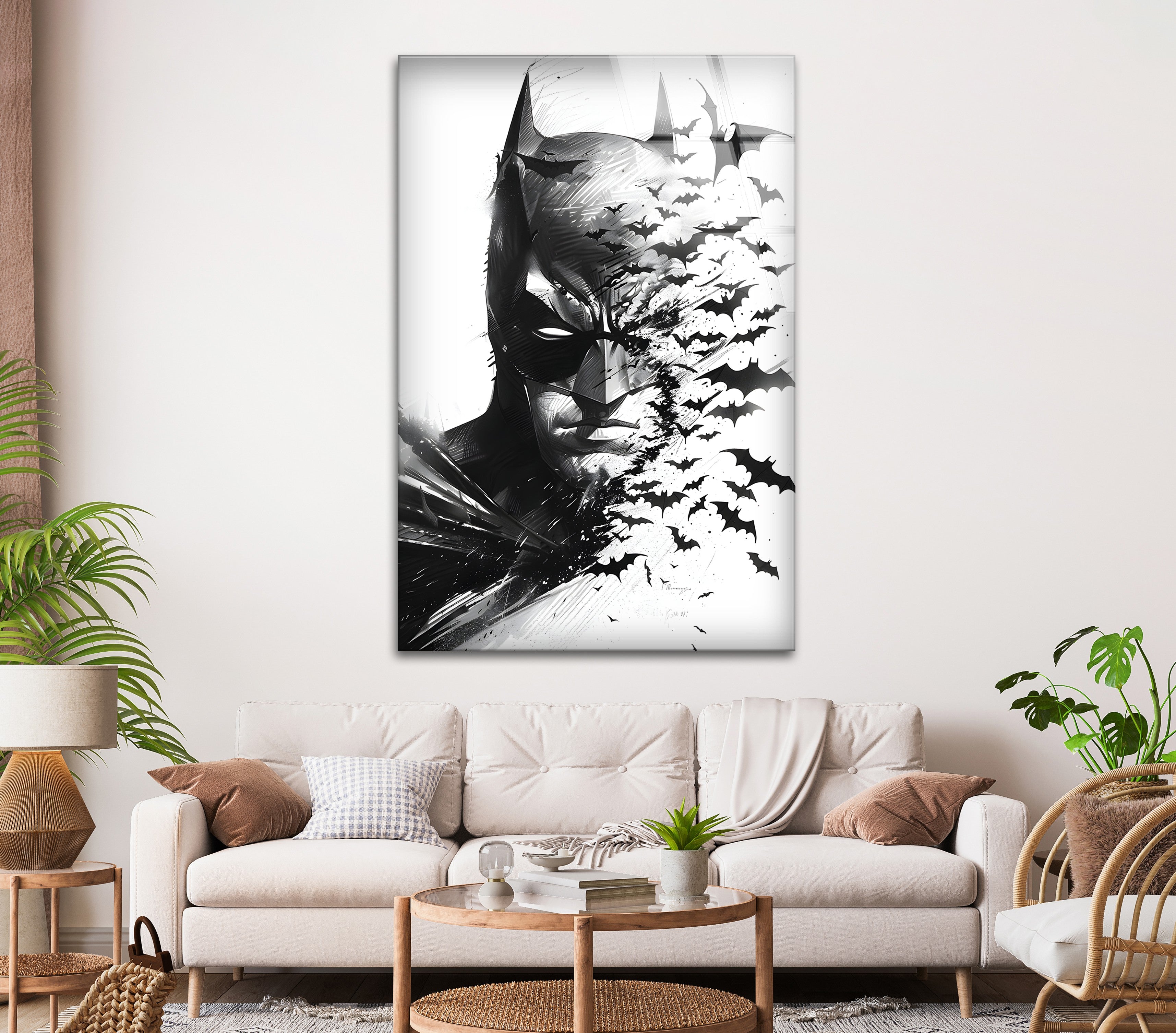 Batman Black and White Portrait Wall Art - Gothic Superhero Decor with Bats on Glass - Perfect for Man Cave, Home Theater & Superhero Bedroom Decor