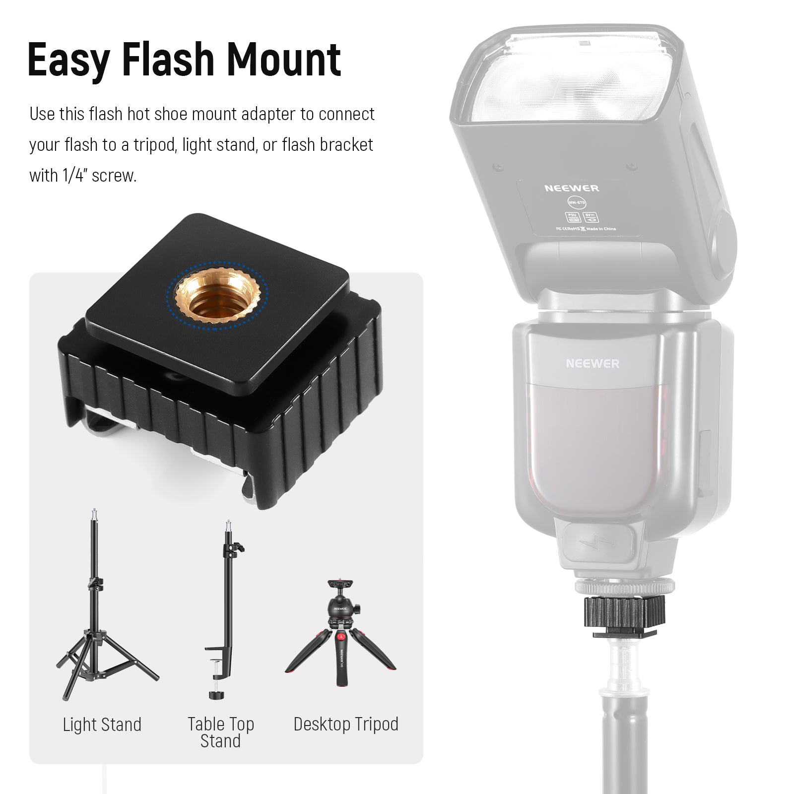 NEEWER 2 Pack Flash Hot Shoe Mount Adapter with 1/4” Thread Hole - Compatible with DSLR Cameras, Speedlights & Studio Lighting for Professional Photography & Videography