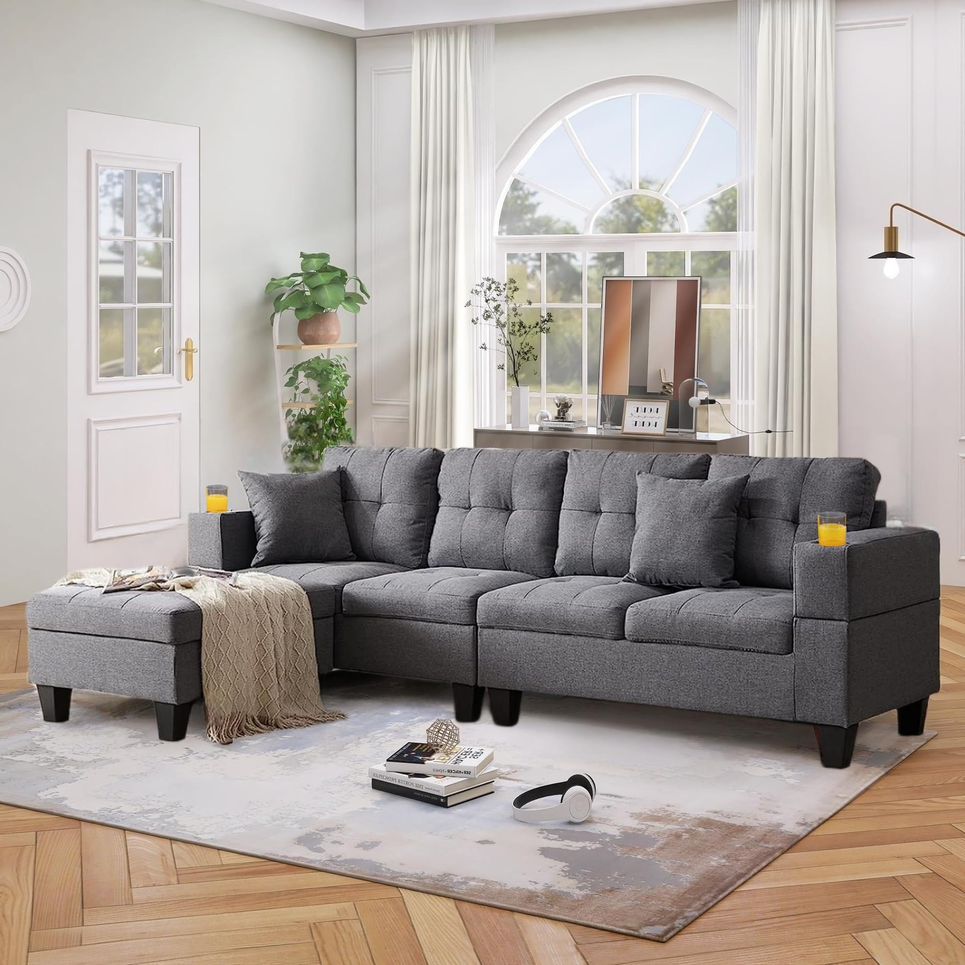 EMKK 3-Piece Modular Sectional Sofa Set - L-Shaped 5-Seater Corner Couch with 2 Cup Holders, Soft Upholstered Fabric for Living Room, Apartment & Office - Grey Right Chaise - Perfect for Family Gatherings, Movie Nights & Small Spaces