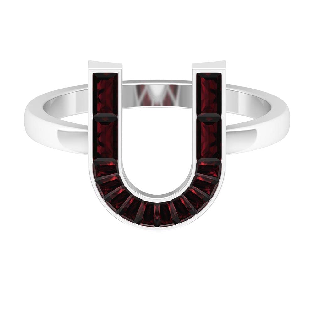 14K White Gold Garnet Initial Rings A to Z | Personalized Alphabet Letter Rings | Baguette & Channel Set Gemstone Jewelry for Women | Perfect for Gifts, Birthdays & Anniversaries