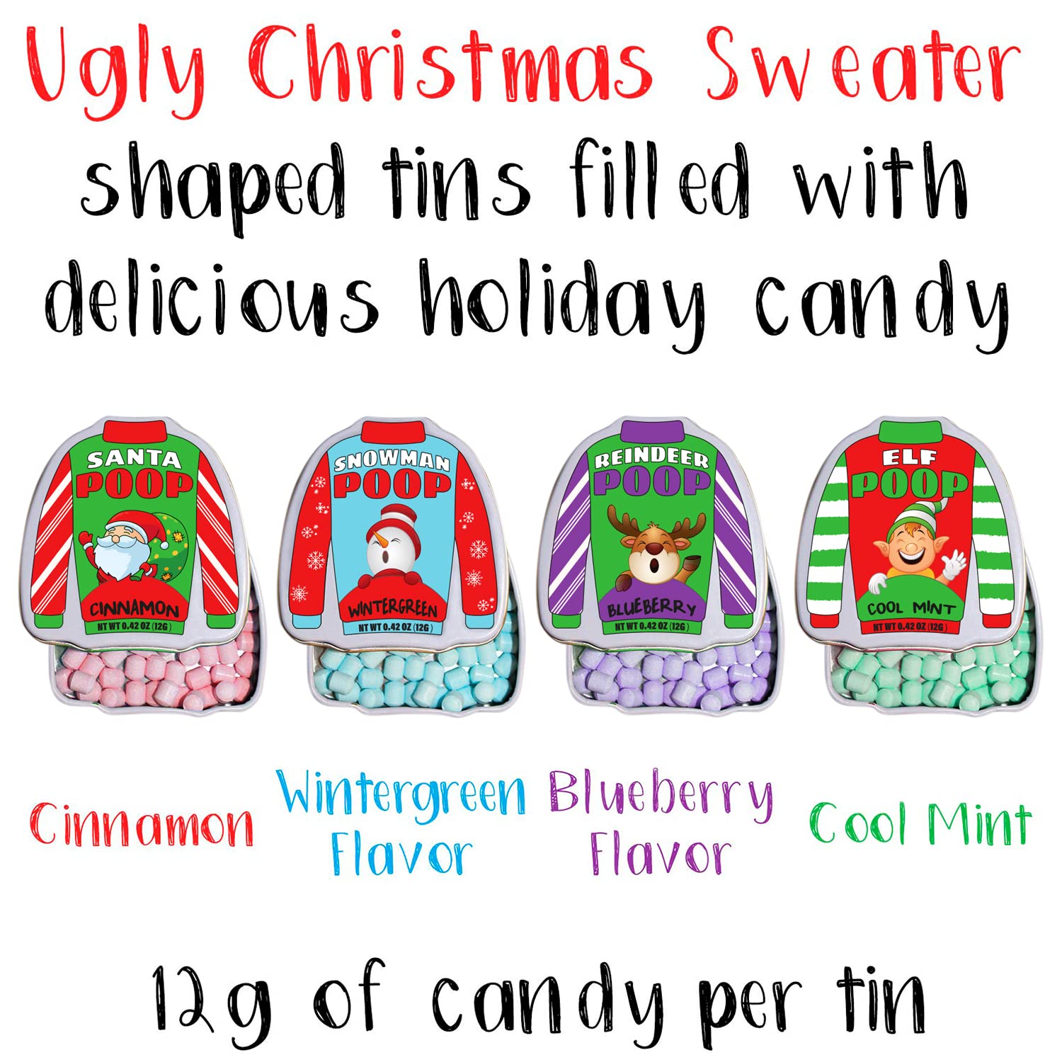 Funny Christmas Poop Mint Candy 4-Pack in Ugly Sweater Tins - Holiday Breath Mints for Adults & Teens - Unique Stocking Stuffers & Gifts - Perfect for Office Parties, Secret Santa & Family Gatherings