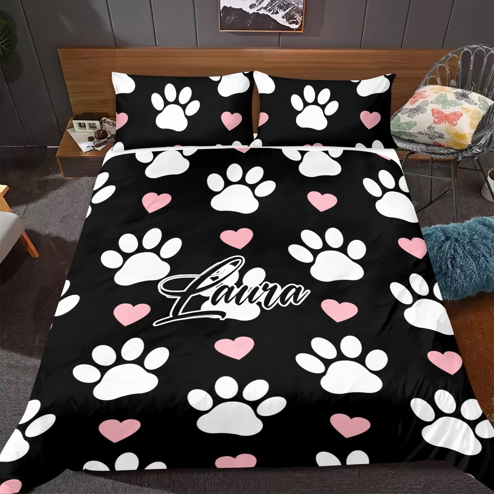 Personalized Pink Heart Paws Custom King Size Duvet Cover Set with 2 Pillowcases - Sherpa Fleece Bedding Set with Name Embroidery - Perfect Gift for Valentine's Day, Anniversary & Cozy Home Decor