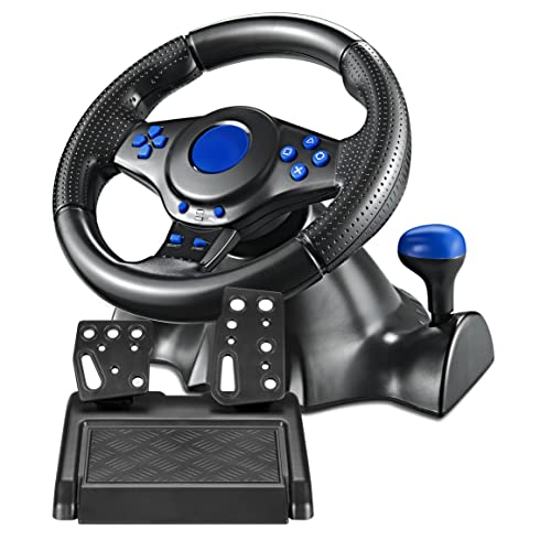 High-Performance Racing Steering Wheel with Pedals & Force Feedback Vibration - Compatible with PS4, PS3, XBOX One, XBOX 360, Nintendo Switch & PC (Blue) - Perfect for Sim Racing, Gaming Tournaments & Home Arcade Setup