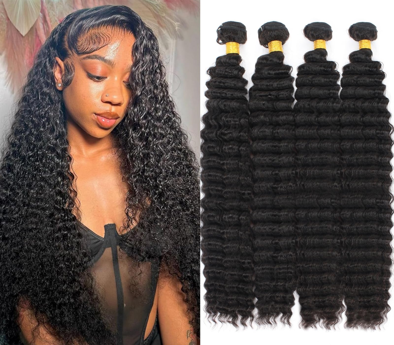 100% Unprocessed Brazilian Virgin Hair Deep Wave 4 Bundles 12A Grade - Remy Human Hair Weave Extensions (22 24 26 28 Inch) Natural Black Color for Stunning Curly Hairstyles - Perfect for Daily Wear, Parties & Special Occasions