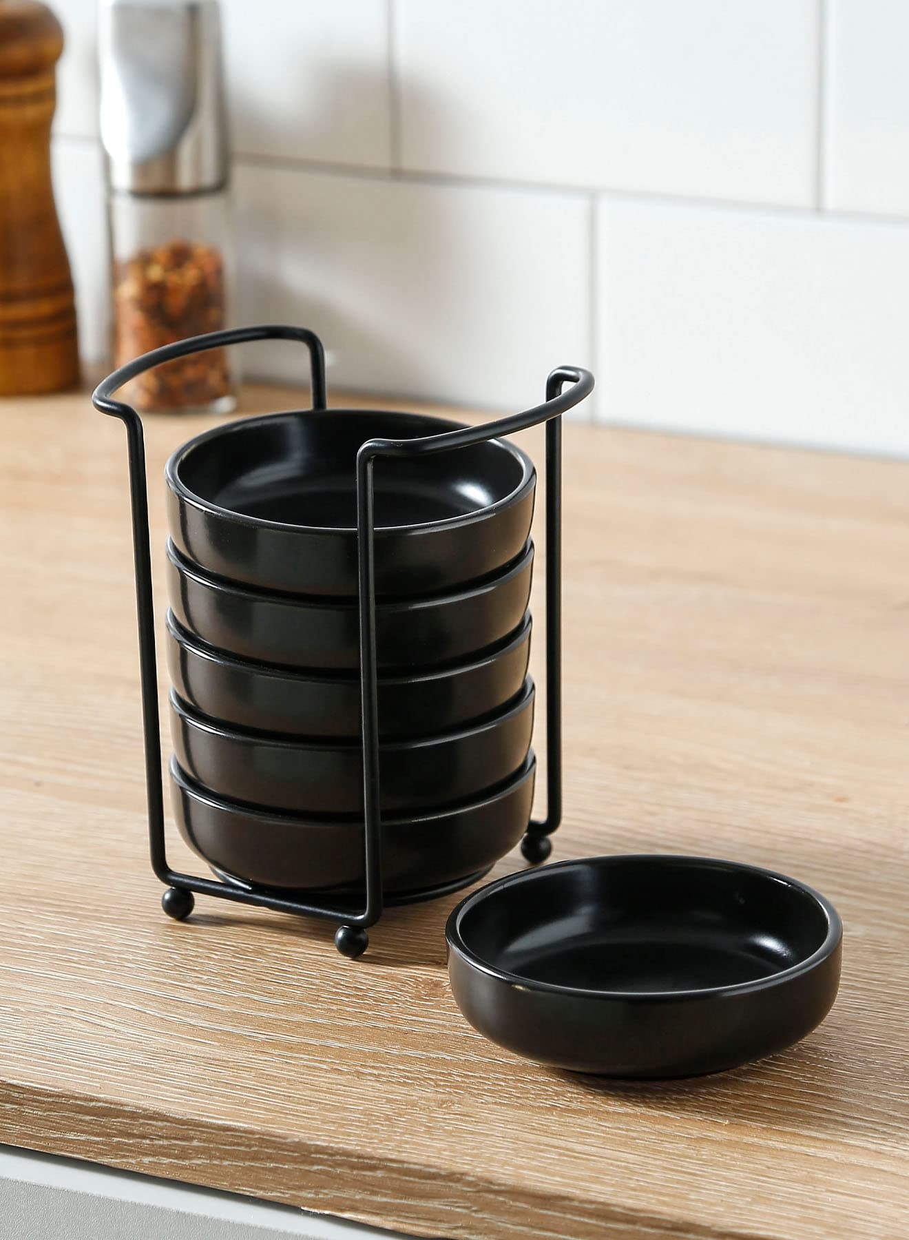 Premium Japanese Ceramic Dipping Bowls Set of 6 - 3.5 Inch Small Side Dishes for Soy Sauce, Ketchup & Condiments with Metal Stand - Elegant Waxy Black Finish - Perfect for Sushi, BBQ Parties & Asian Dining Experience