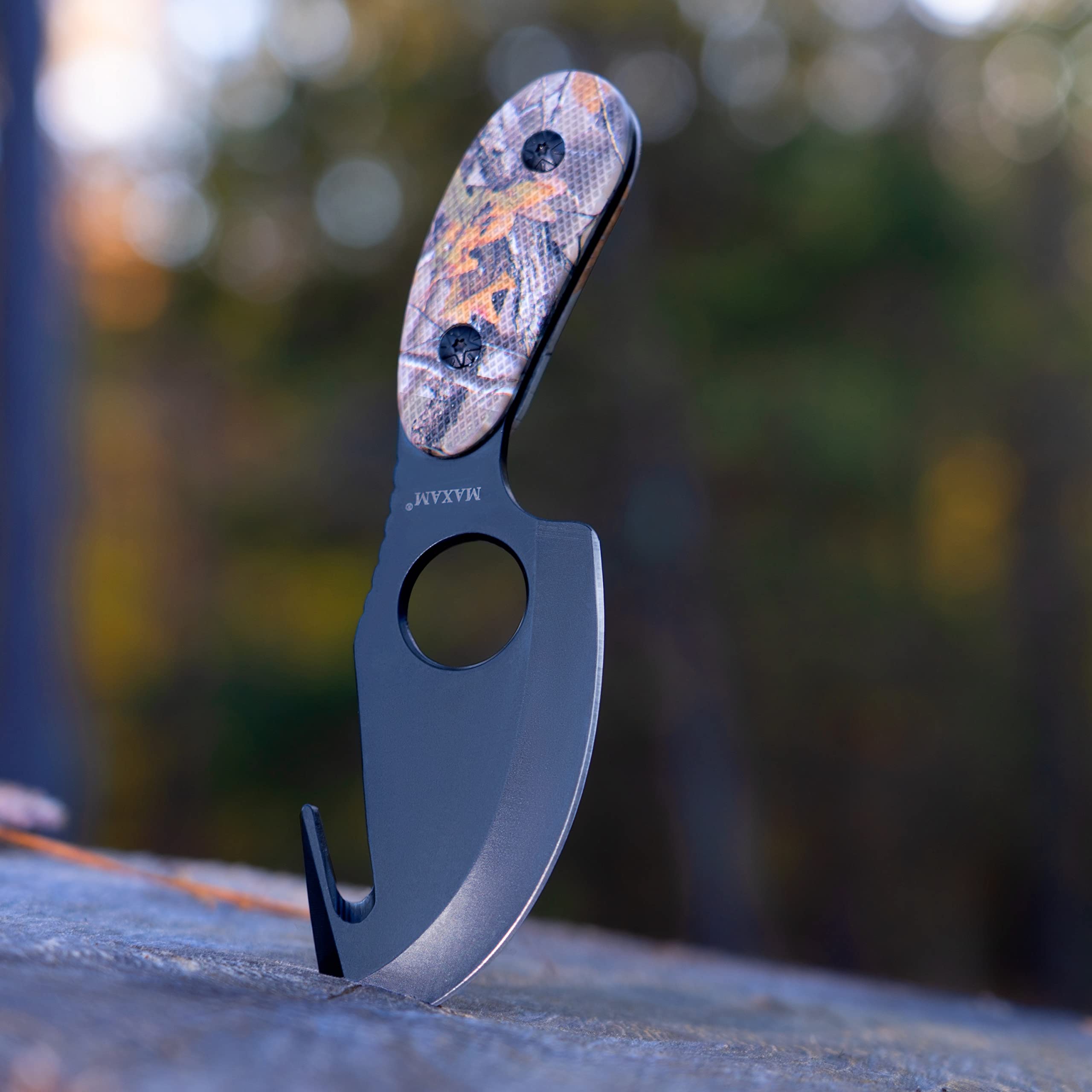 Maxam 7-Inch Fixed Blade Skinning Knife with Gut Hook - Full Tang Hunting Knife in Camo Finish - Includes Durable Nylon Sheath - Ideal for Hunting, Camping & Outdoor Survival