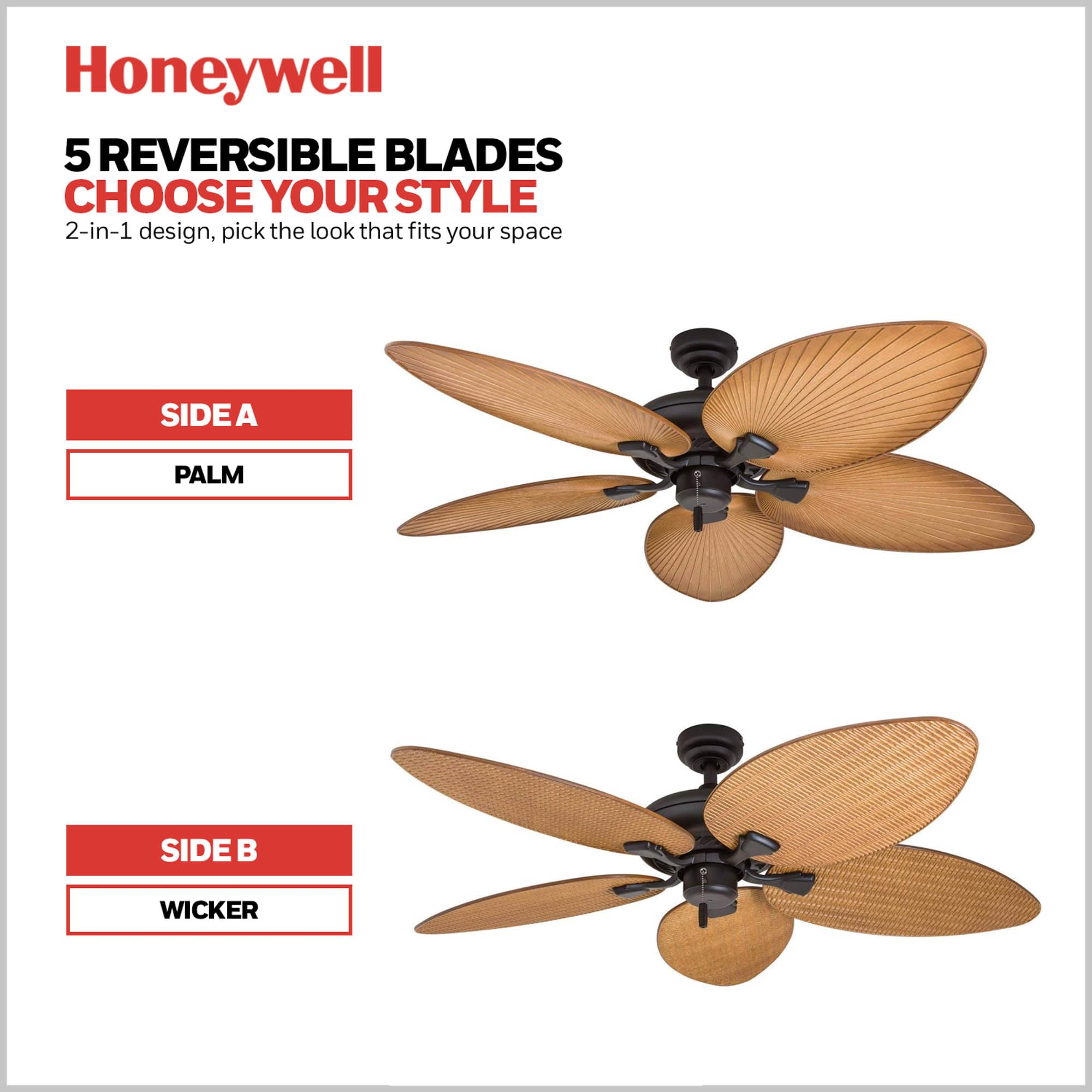 Honeywell 52 Inch Tropical Ceiling Fan for Indoor & Outdoor Use - No Light, Pull Chain, 3 Mounting Options, 5 Palm Leaf Blades, Damp-Rated (Model 50505-01, Bronze) - Perfect for Patio, Porch, Living Room & Bedroom Cooling