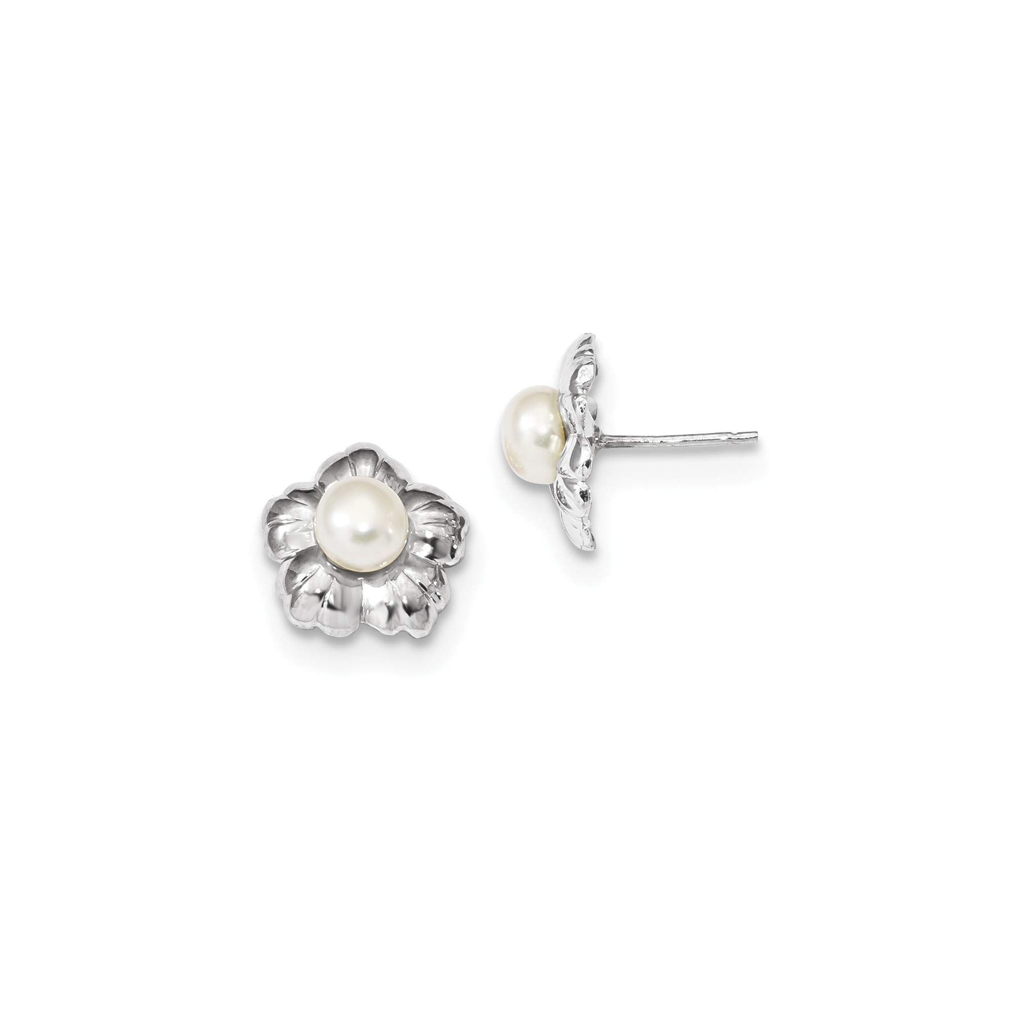 14K White Gold 5-6mm Freshwater Cultured Pearl Flower Stud Earrings - Elegant Button Pearl Jewelry for Women - Perfect for Weddings, Parties & Everyday Wear