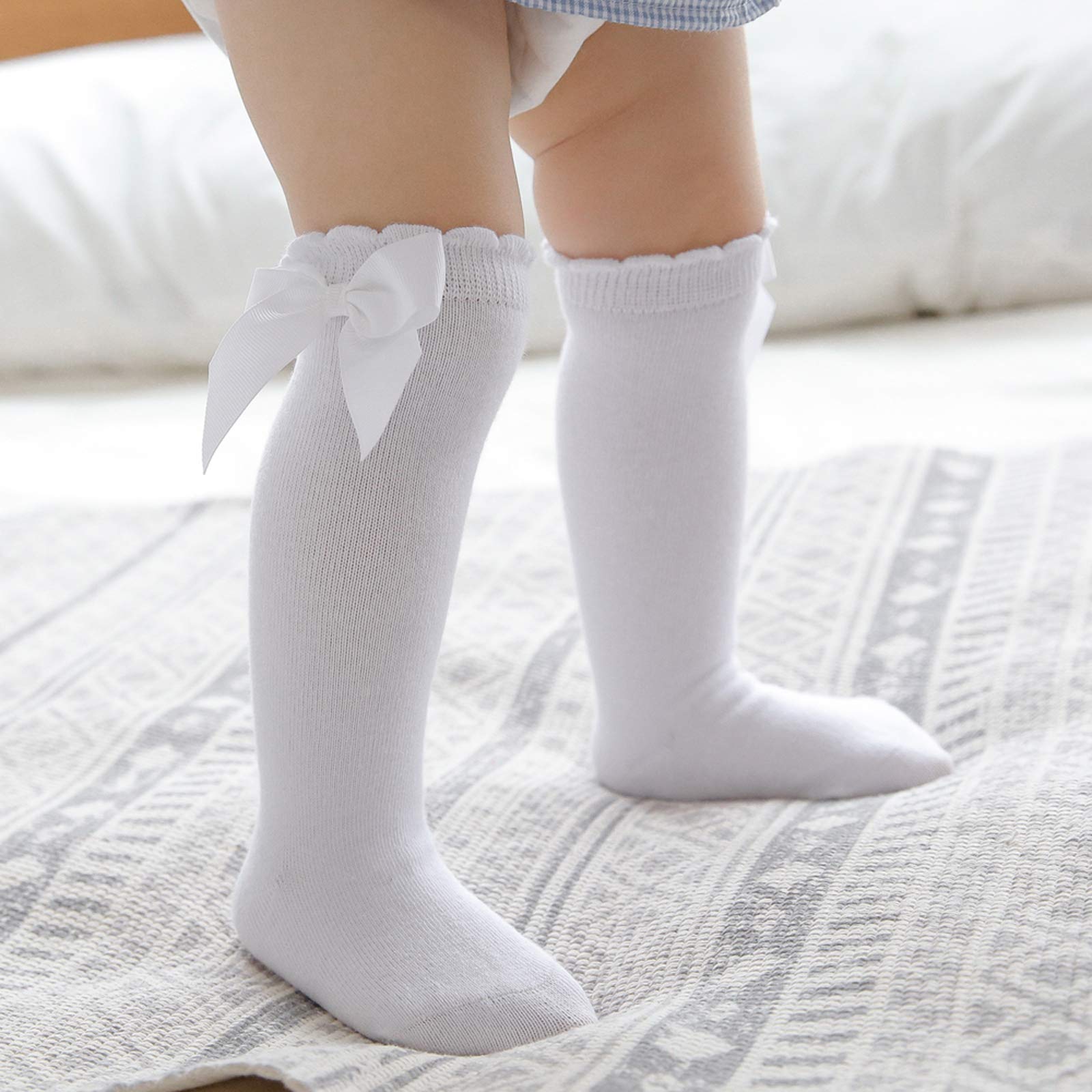 **Baby Girls Knee High Socks with Bows - Soft Cotton Knit Long Stockings for Infants & Toddlers (5 Pairs) - Perfect for Playtime, School & Special Occasions**