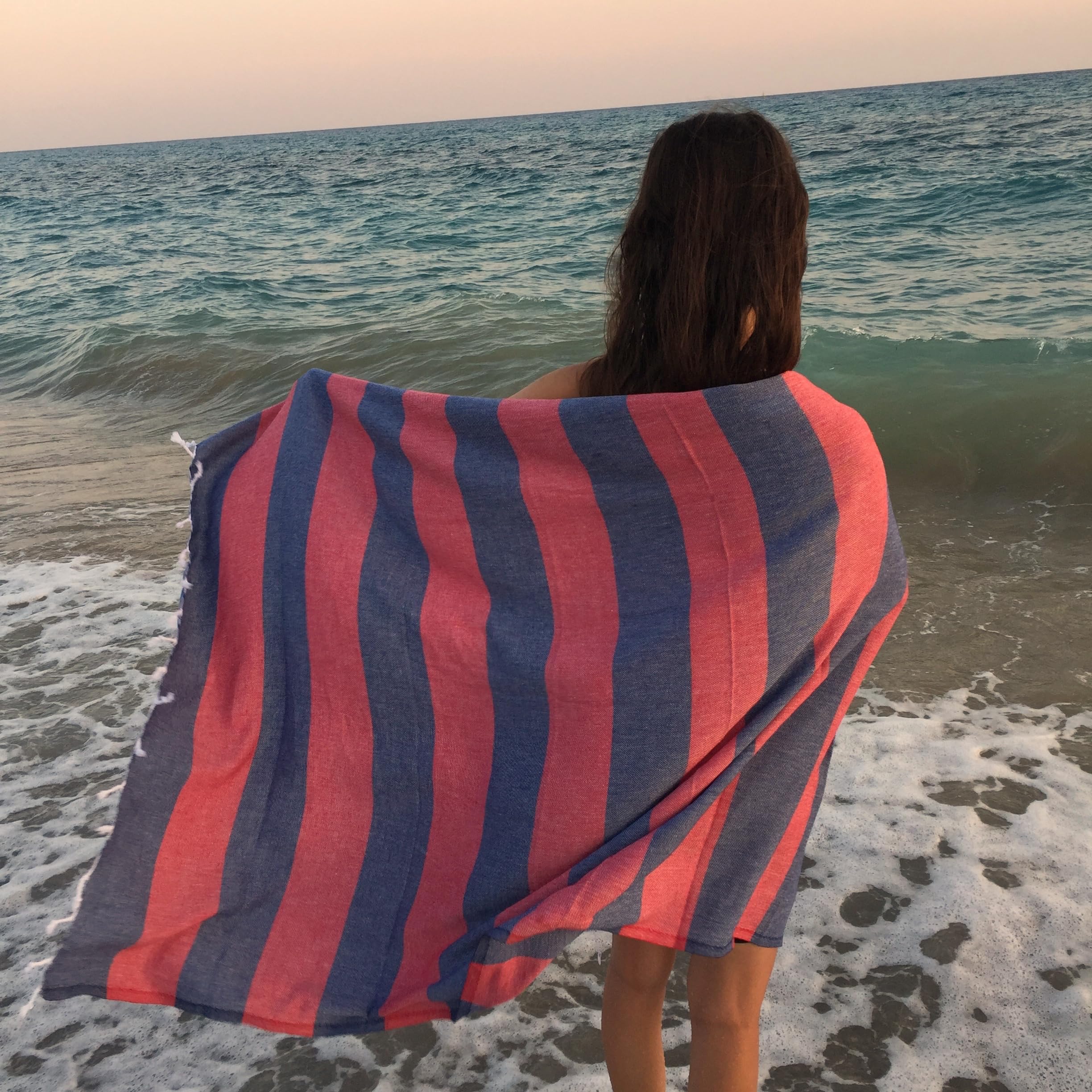 Premium 100% Cotton Turkish Peshtemal Beach Towels - Quick Dry, Sand-Free, Lightweight, Dark Blue & Red (Set of 6) for Pool, Beach, Yoga & Travel