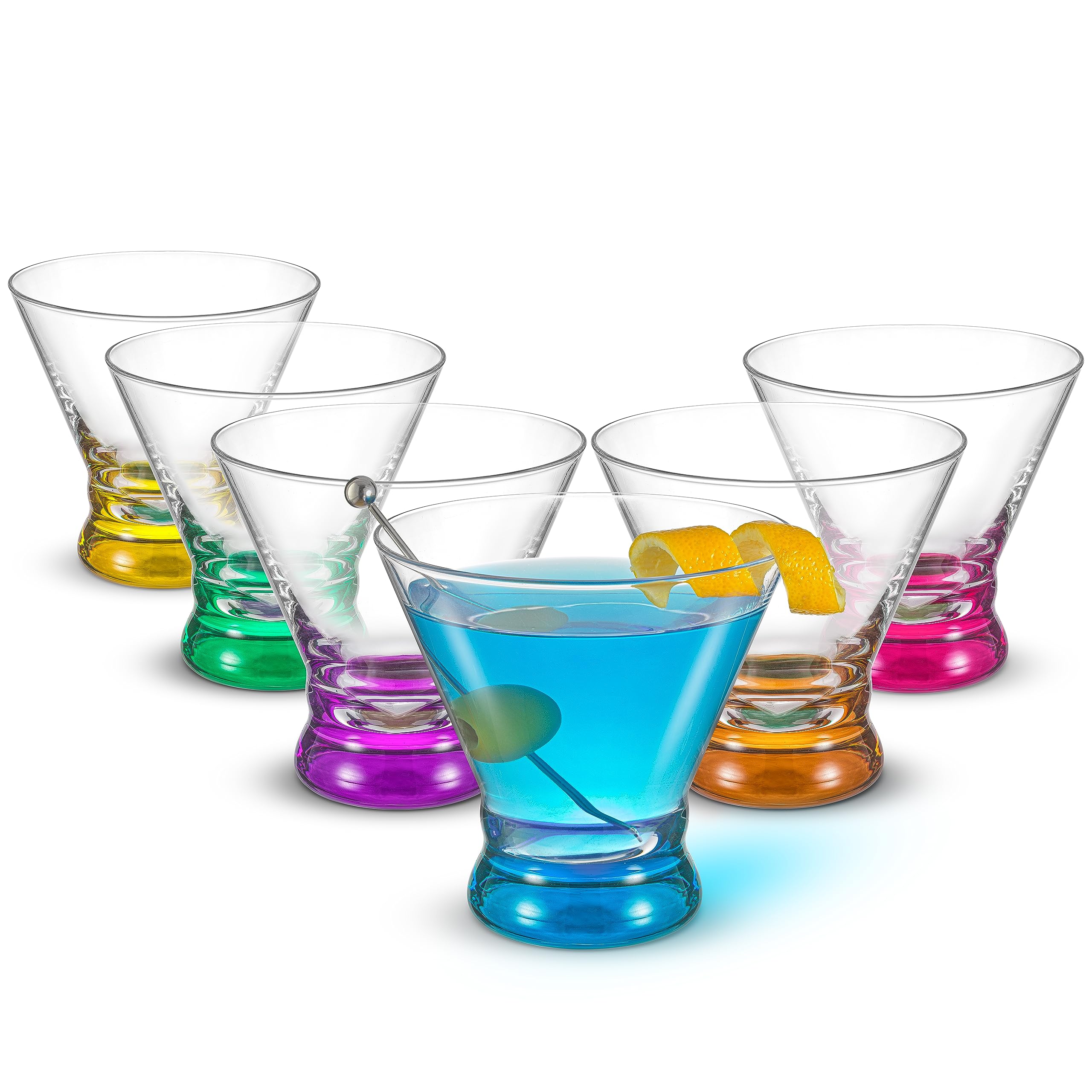 JoyJolt HUE 7oz Martini Glasses Set of 6 - Colorful Glass Base Cocktail Glasses for Margaritas, Juice & Shrimp Cocktails - Perfect for Home Bars, Parties & Entertaining