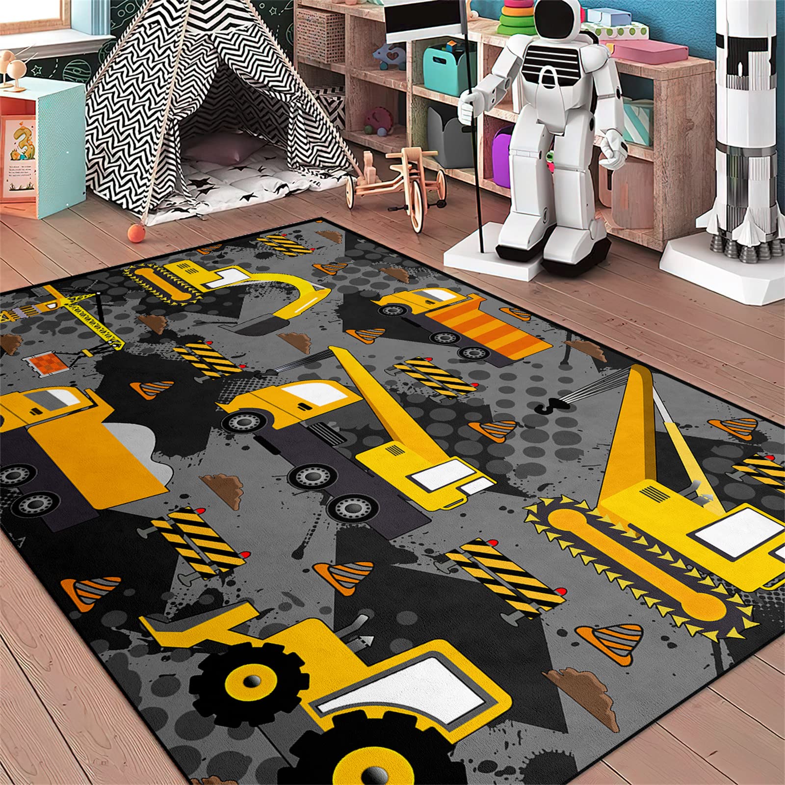Construction Play Rug for Boys - 2'5''×4' Grey Kids Car & Truck Play Mat - Durable Playroom Rug for Boys Room Decor & Construction Theme | Perfect for Playtime, Learning & Room Decoration