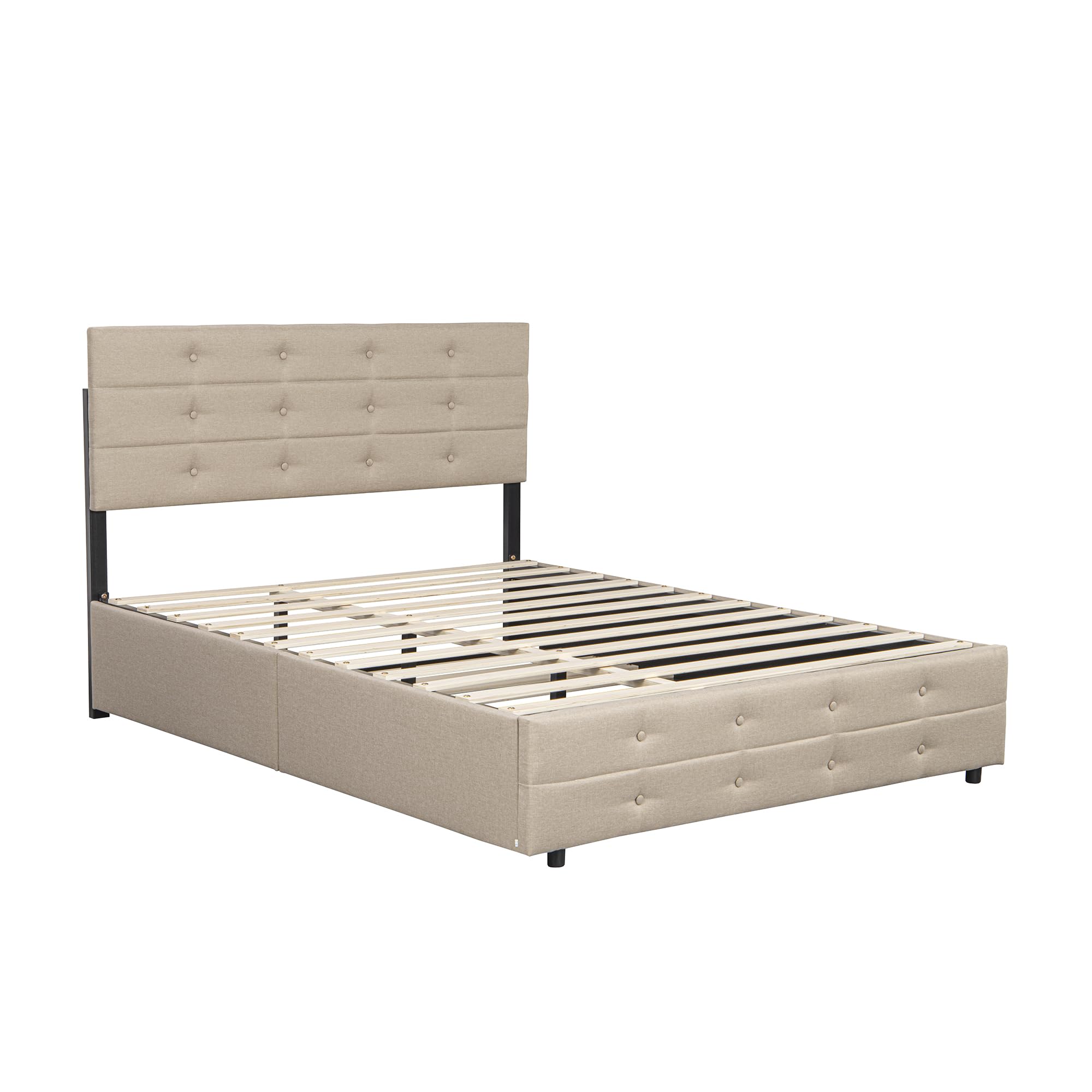 Harper & Bright Designs Queen Size Upholstered Platform Bed with Trundle & Storage Drawers - Light Beige Linen Fabric - Perfect for Small Bedrooms, Guest Rooms & Space-Saving Solutions