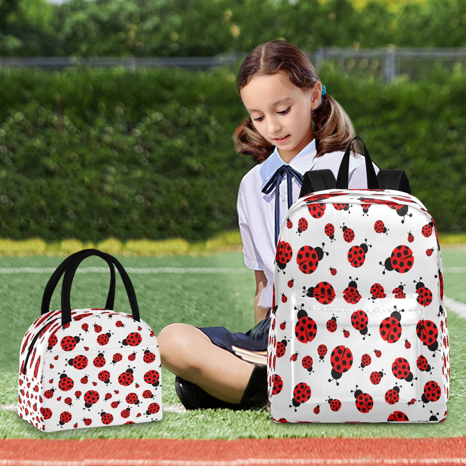 Cute Ladybug Backpack for Teens - Girls & Boys School Bookbag with Insulated Lunch Box - Perfect for School, Travel & Outdoor Adventures