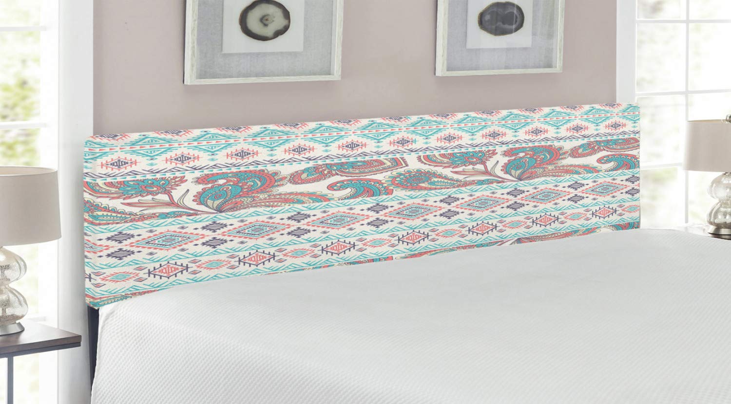 Ambesonne Tribal King Size Upholstered Headboard - Paisley Floral Design with Memory Foam in Cream, Aqua & Coral | Decorative Metal Bed Frame for Master Bedroom, Guest Room & Bohemian Home Decor