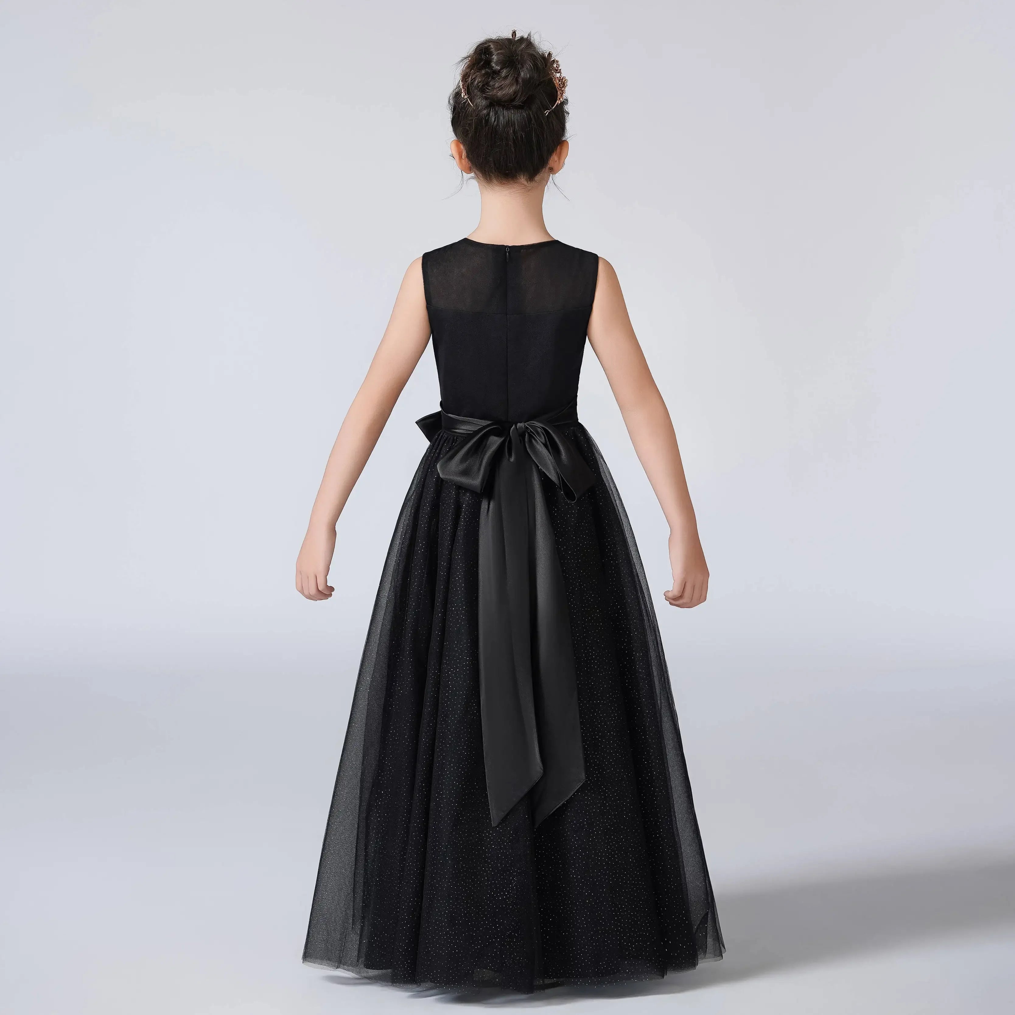 Shiny Black Tulle O-Neck Girls Party Dress - Elegant Formal Wear for Birthday, Wedding & Special Occasions
