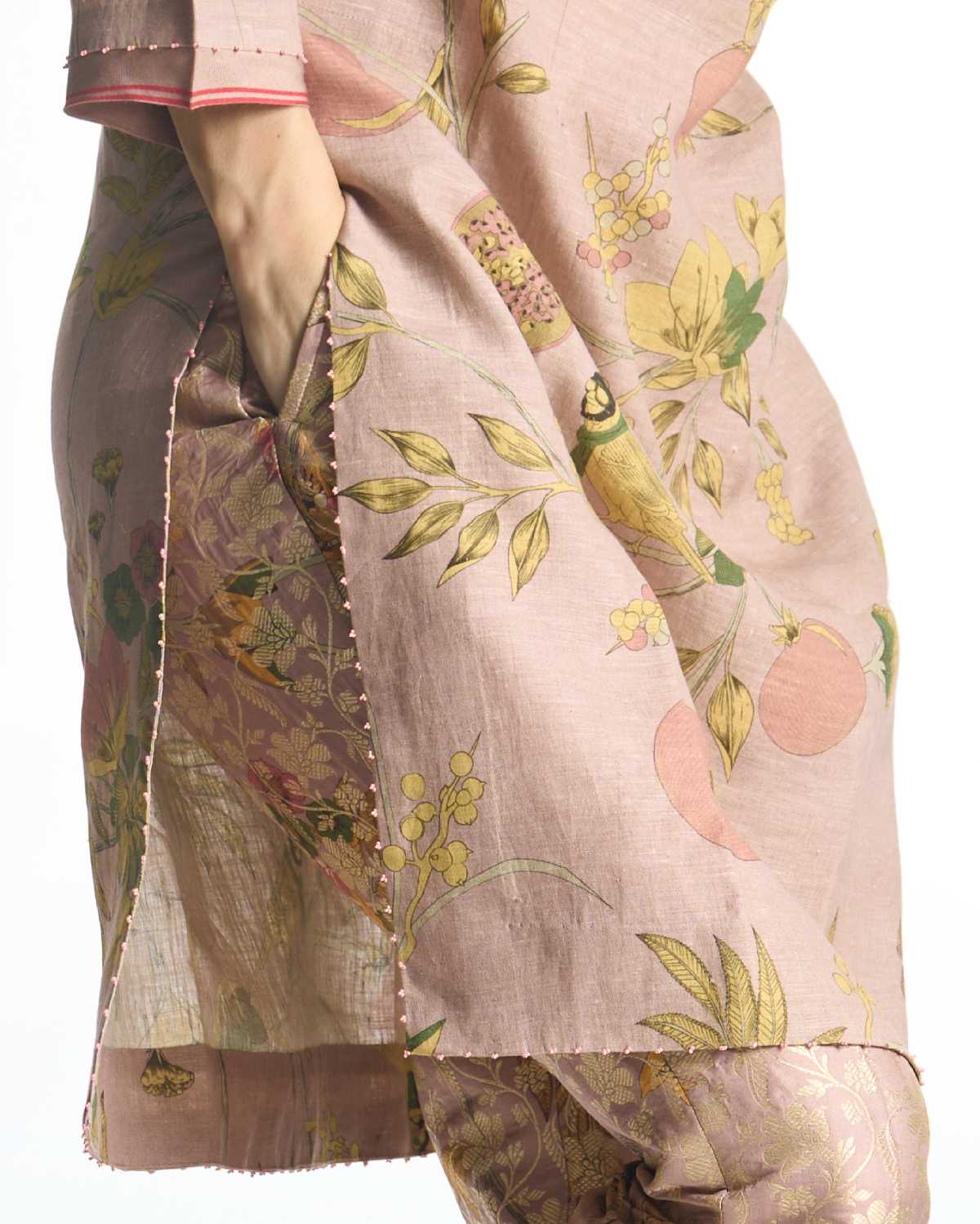 Elegant V Neck Kurta in Muga Satin - Champagne Pink Color for Women | Perfect for Festivals, Weddings & Special Occasions