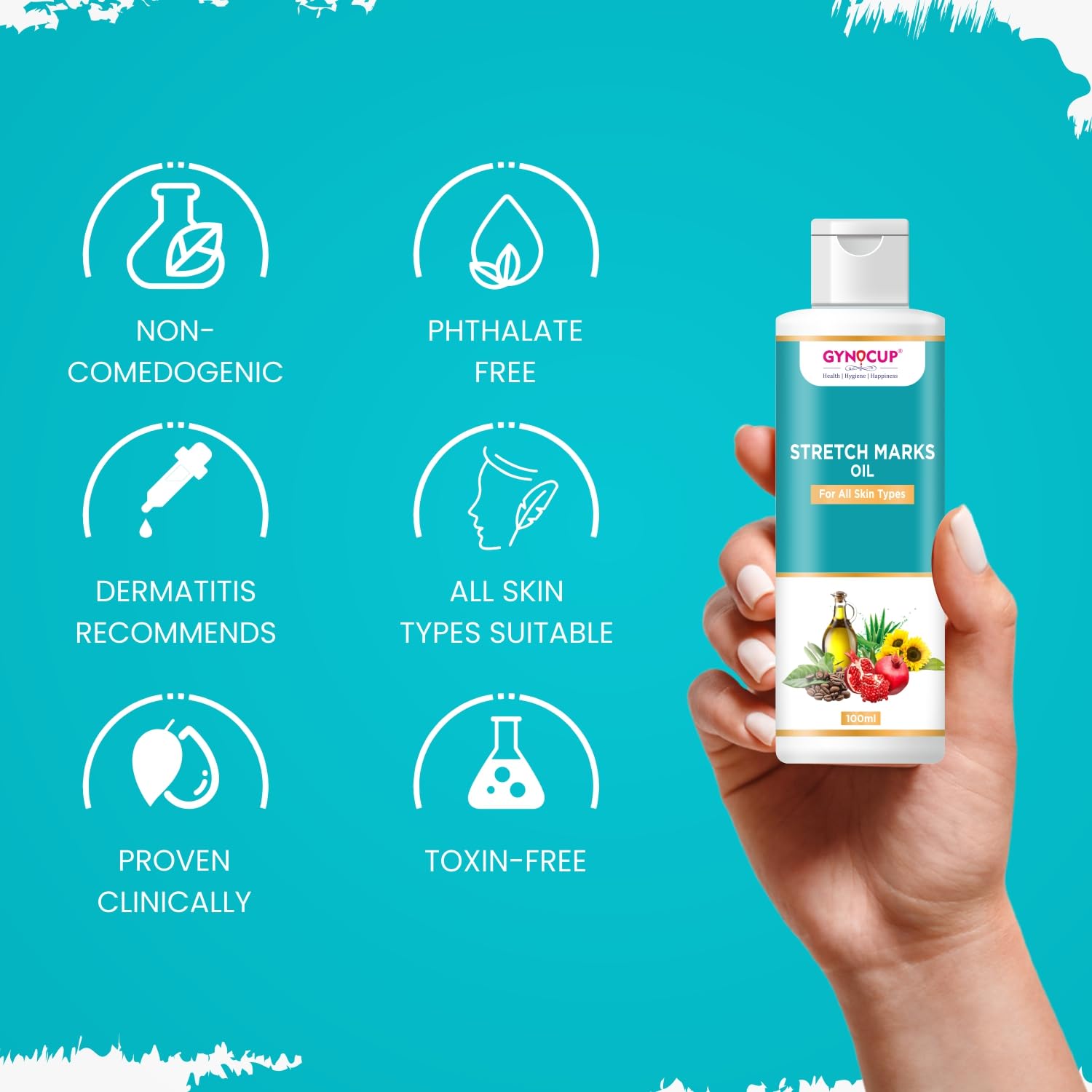 GYNOCUP Stretch Marks Removal Oil 100ml - Natural Pomegranate, Sunflower, Olive & Turmeric Oil for Pregnancy & Postpartum Care | Minimizes Stretch Marks, Improves Skin Elasticity & Scar Removal | Safe, Toxin-Free Body Oil for Expecting Mothers | Perfect for Daily Skincare Routine & Postpartum Recovery